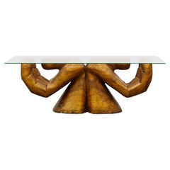 Surrealist Carved Wood Double Hands Coffee Table, circa 1970s