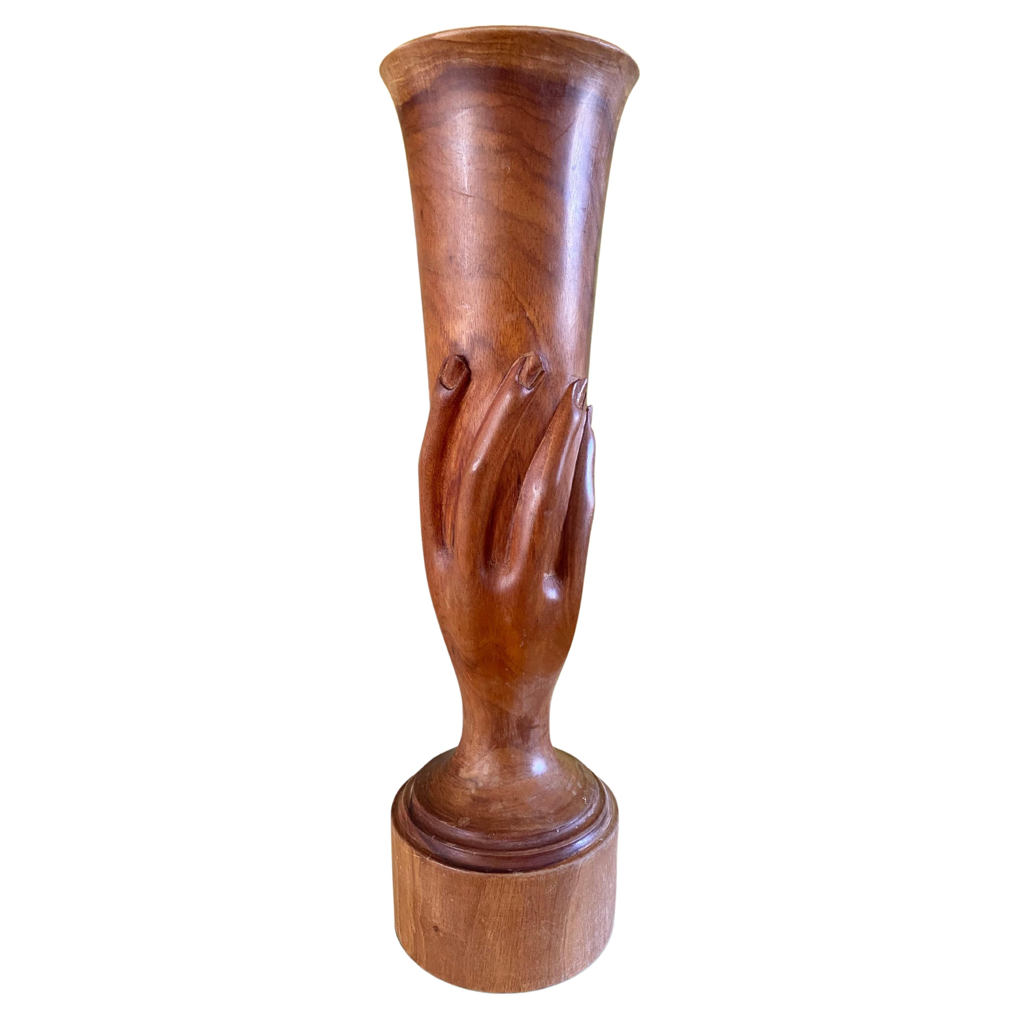 Surrealist Wood Vase by Len Brown of Hand and Fingers For Sale
