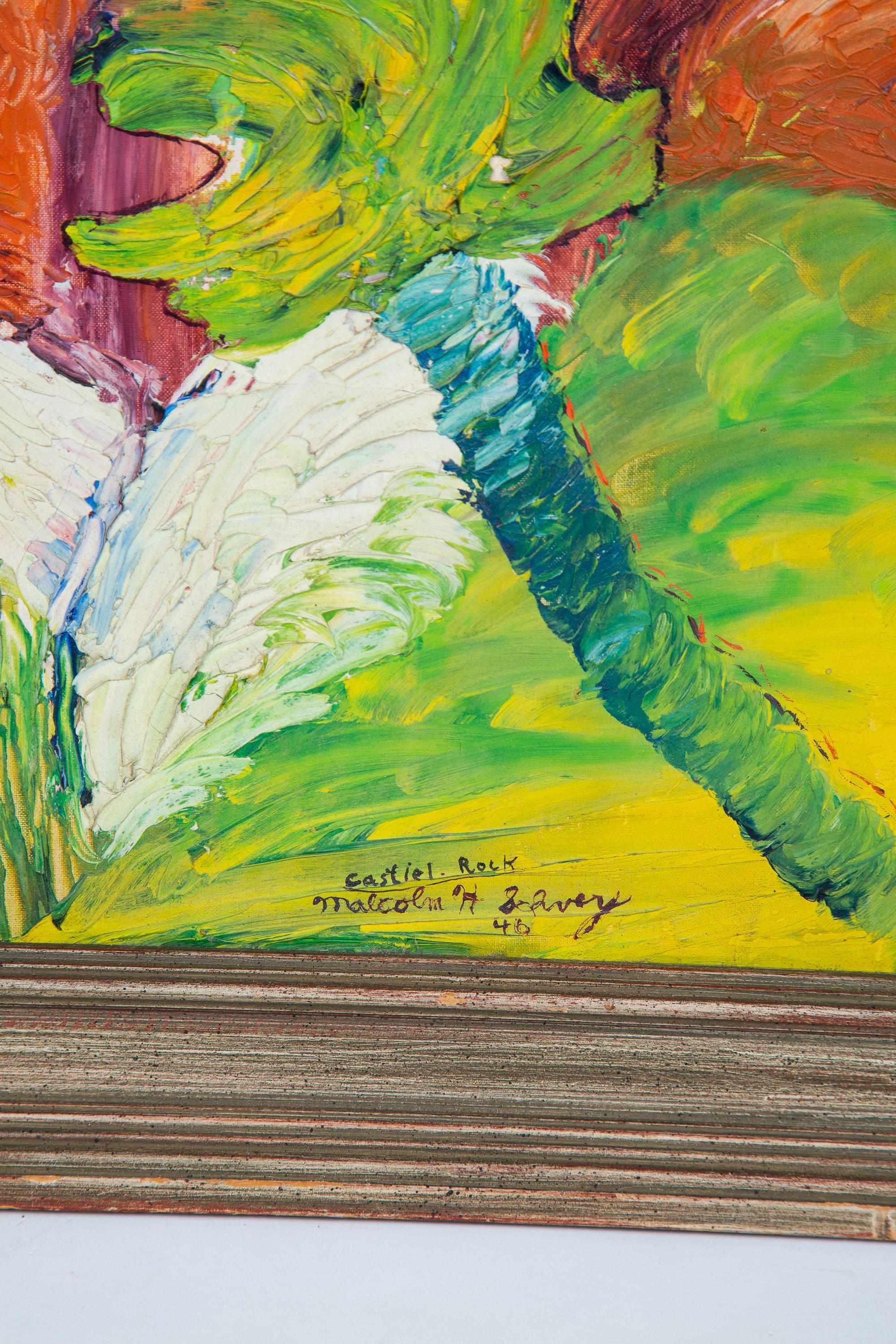 peinture surréaliste à l'huile sur toile des années 1940 représentant Castle Rock dans des couleurs brillantes.
Le cadre mesure 24,75 H x 22,75 L x 1 P. La peinture mesure 19,5 x 15,5 pouces.
Signé Malcolm H Schvey 48. Castle rock.
