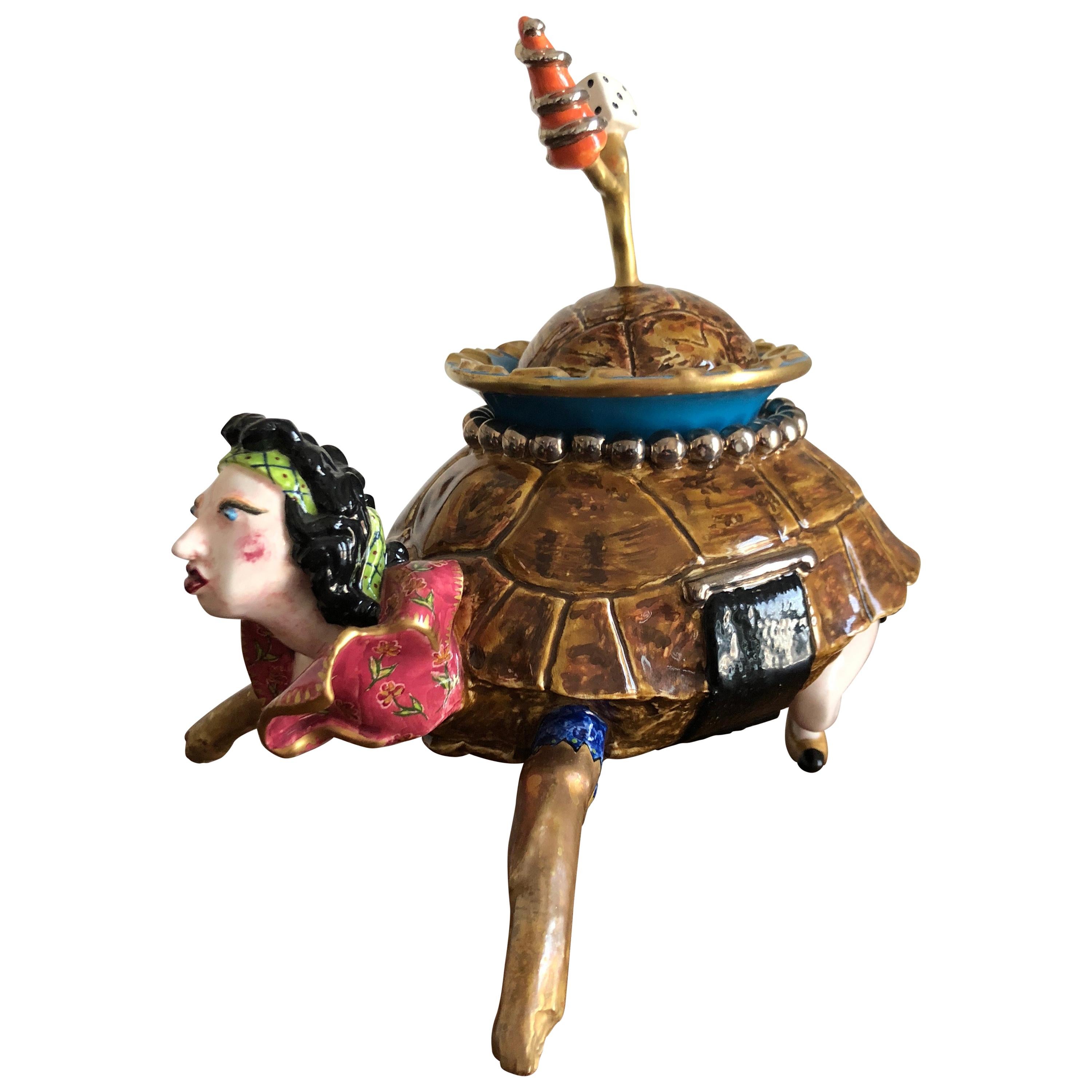 France, rare gilt and painted faience porcelain lidded vessel by the celebrated design duo, circa 1995.