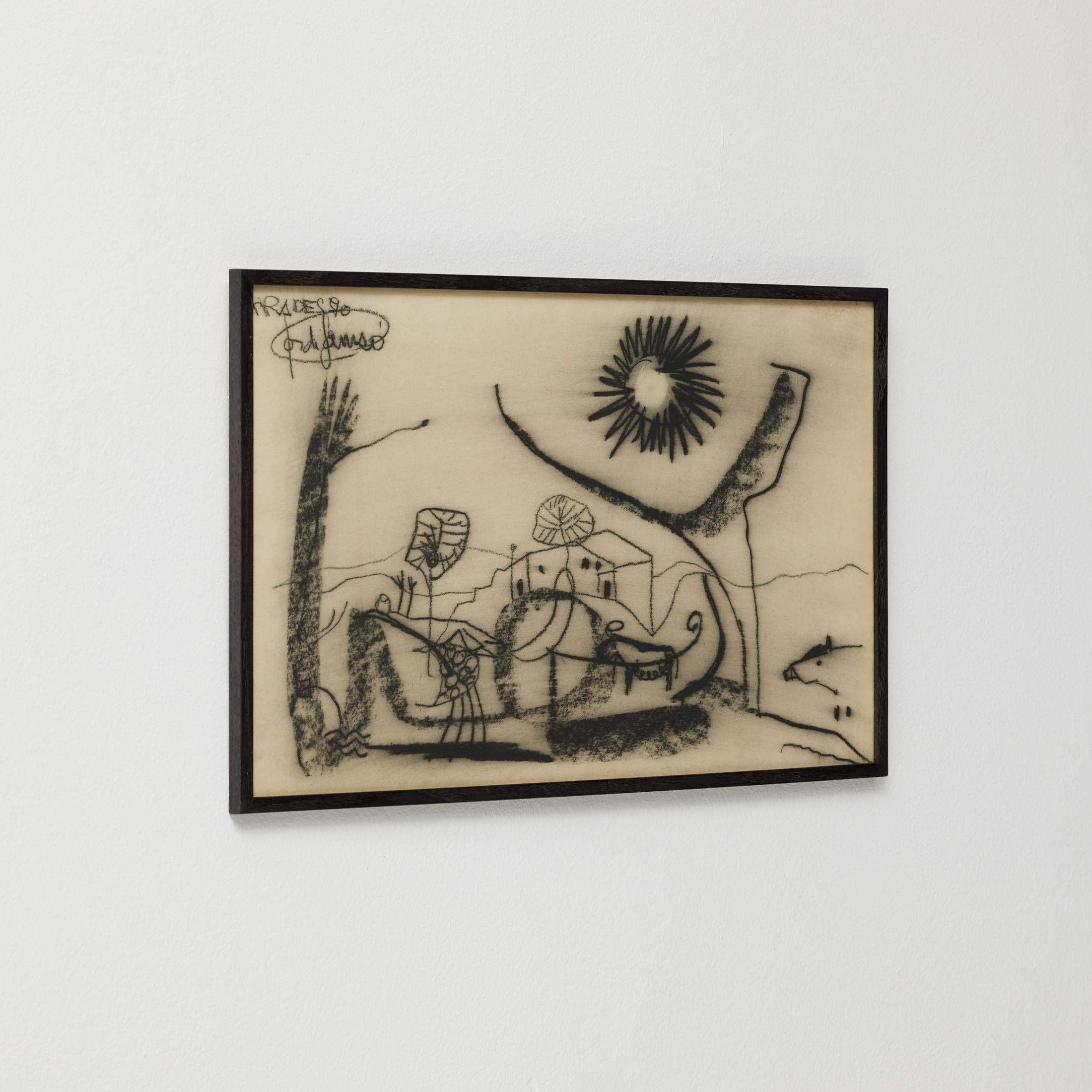 Surrealistische Zeichnung in schwarzer Kohle von Jordi Samsó - signiert & gerahmt (Moderne der Mitte des Jahrhunderts) im Angebot