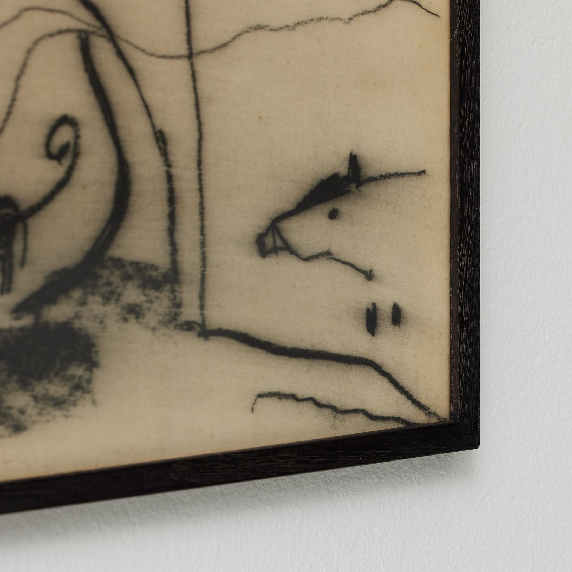 Surrealistische Zeichnung in schwarzer Kohle von Jordi Samsó - signiert & gerahmt (Ende des 20. Jahrhunderts) im Angebot