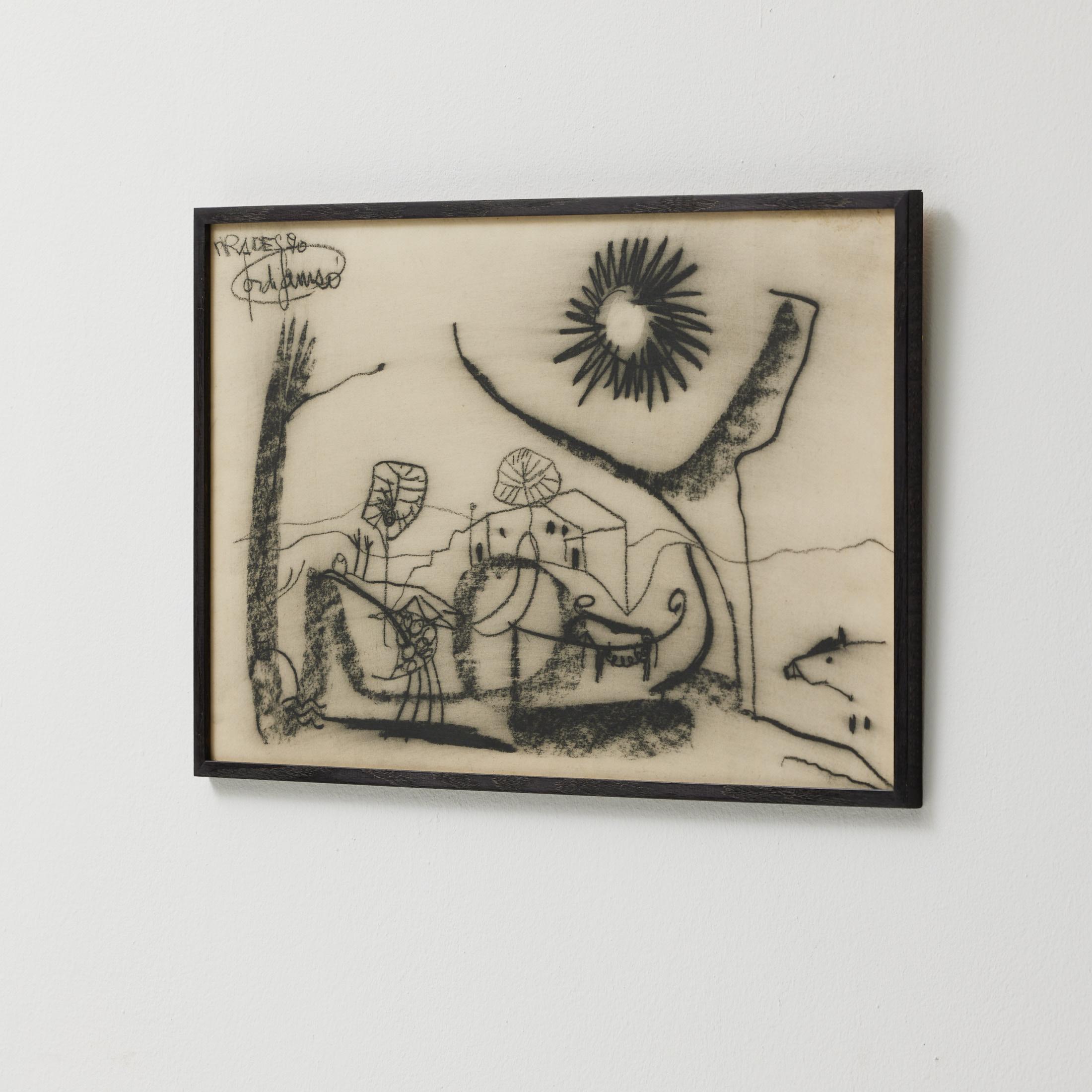 Surrealistische Zeichnung in schwarzer Kohle von Jordi Samsó - signiert & gerahmt im Angebot 2