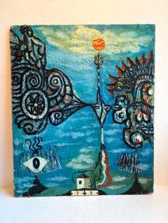 Dipinto astratto espressionista surrealista su tavola, autore sconosciuto, anni ’70