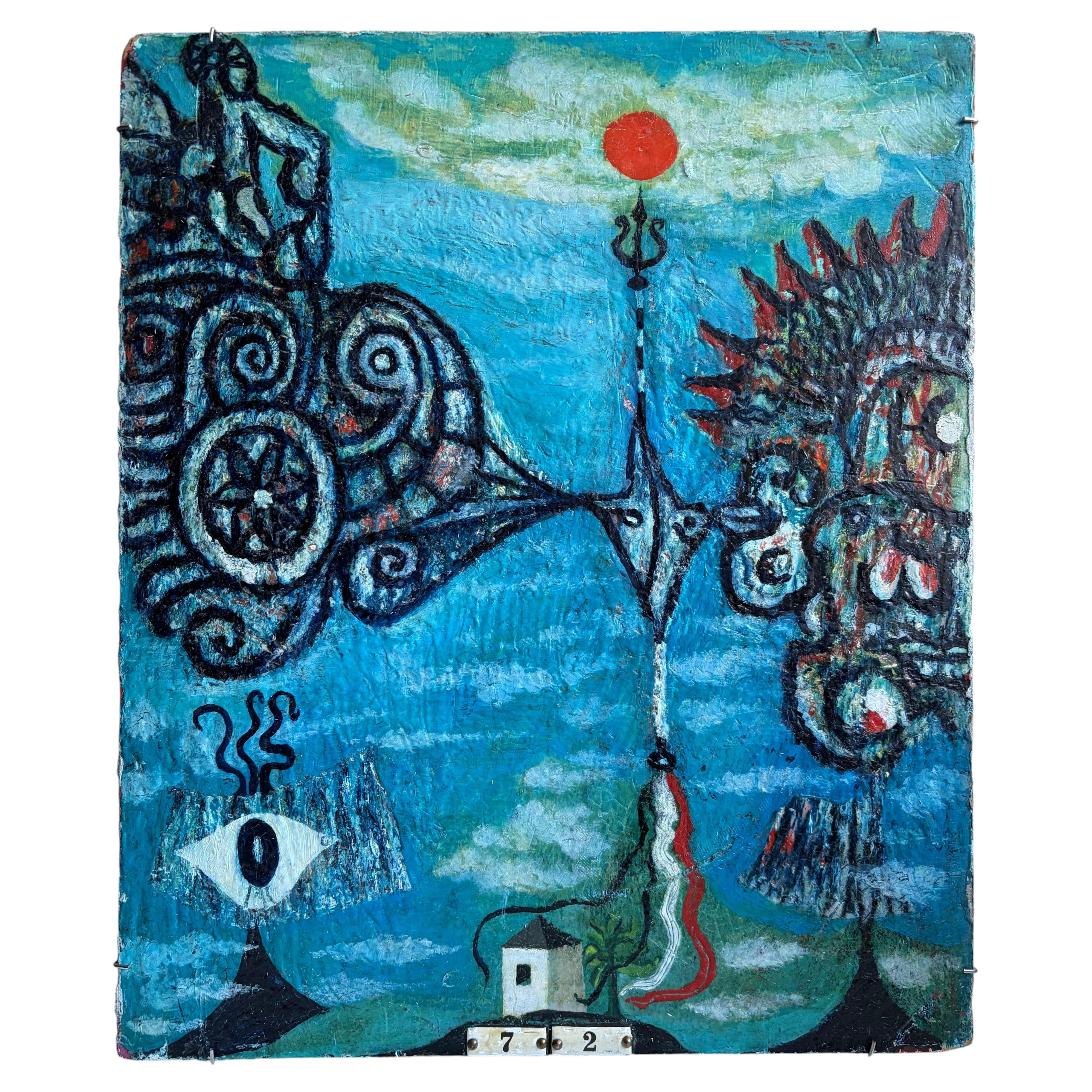 Surrealist Expressionist Abstract Painting on Board, Artist Unknown, 1970's