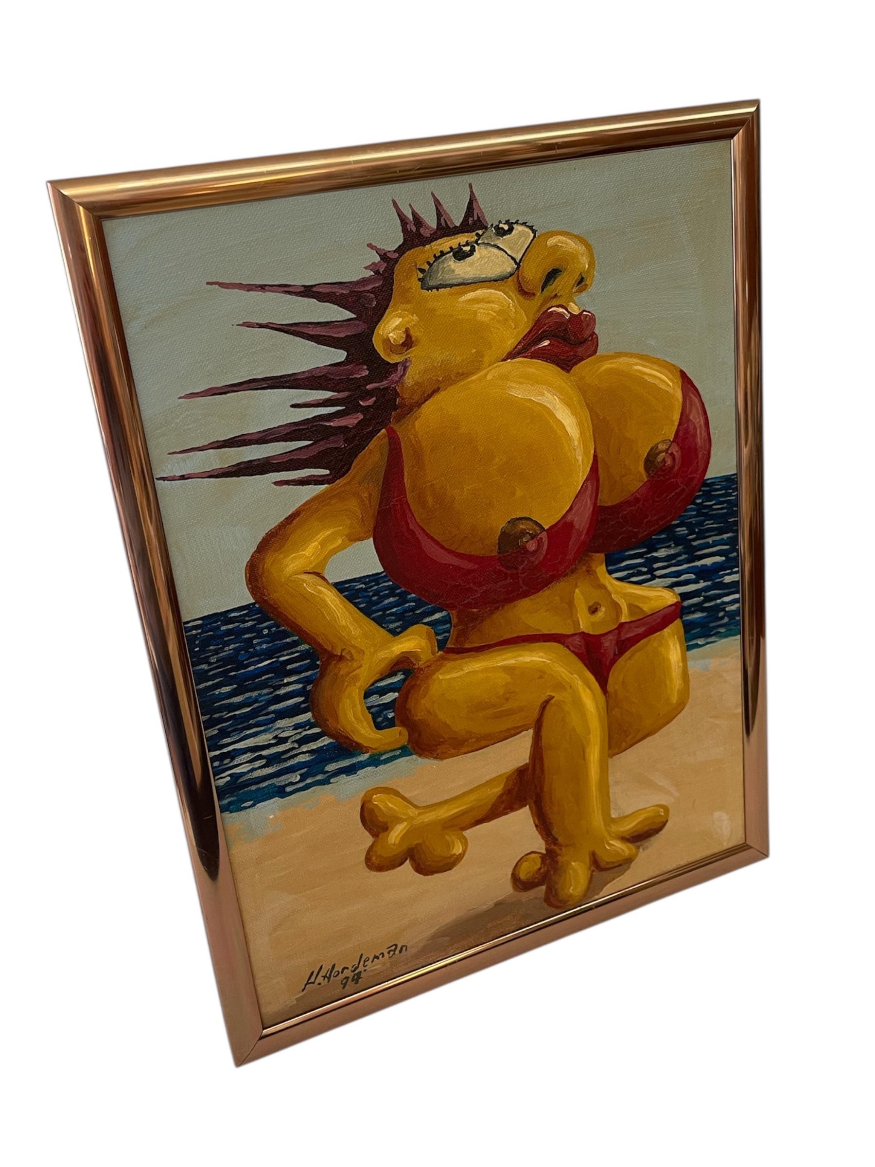 A boldly stylized surrealist oil painting signed and dated by H. Nordeman, 1994. The composition depicts a fantastical, exaggerated female figure in a red bikini, posed against a seaside backdrop with waves and sandy beach rendered in rich, textured