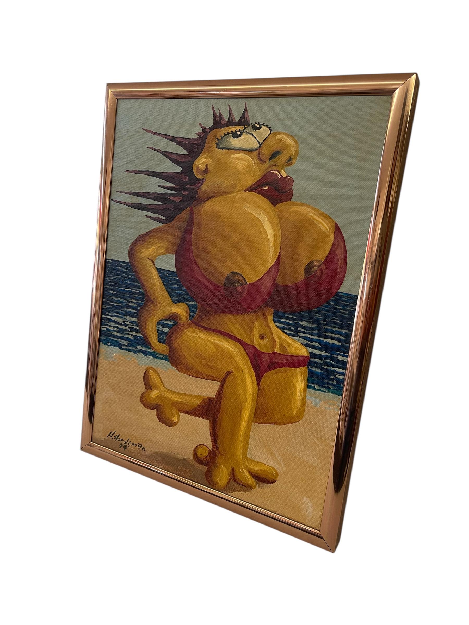 Mid-Century Modern Surrealist Figurative Beach Scene Painting by H. Nordeman, 1994 For Sale