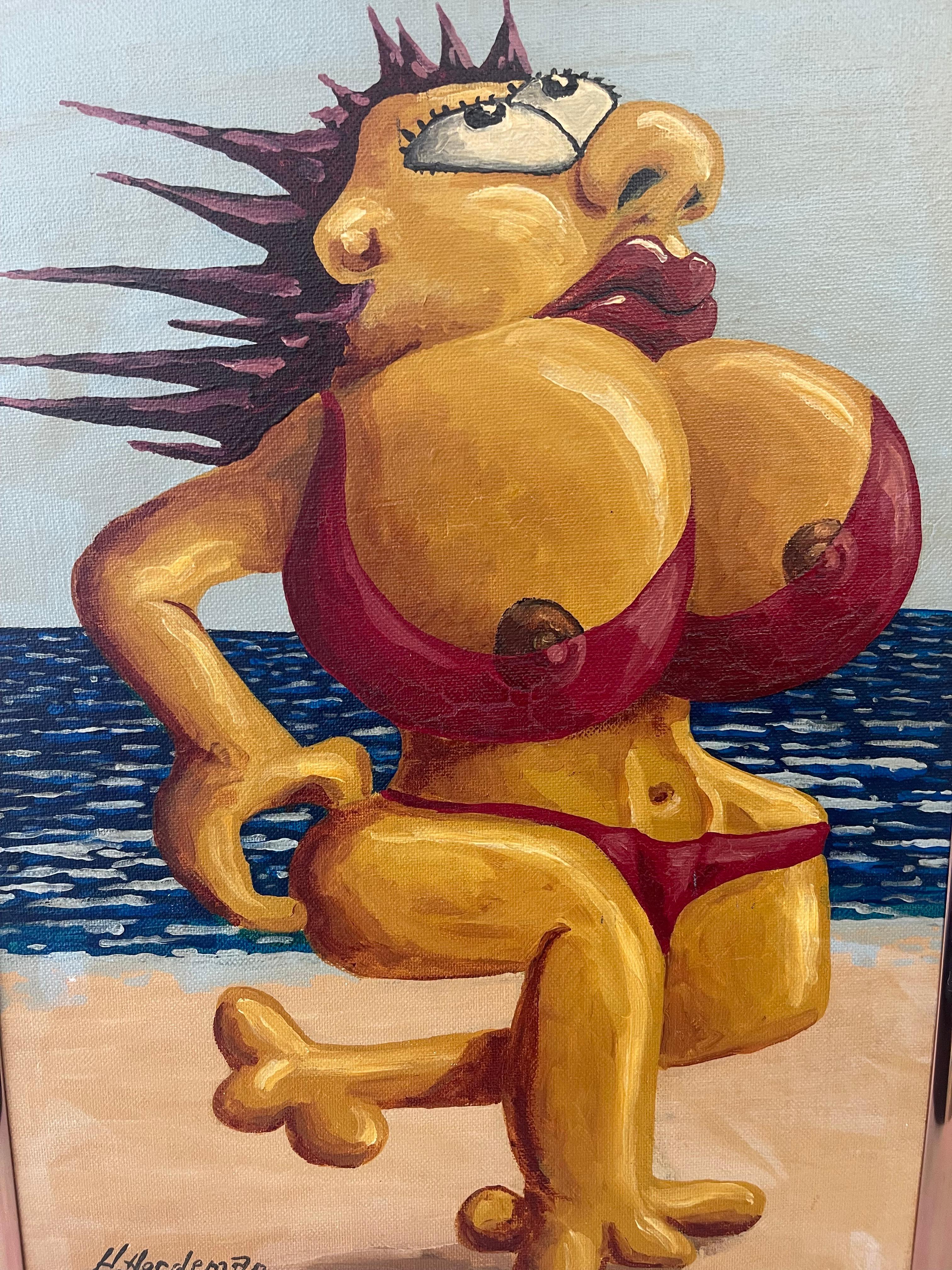 Surrealistische figurative Strandszene, gemalt von H. Nordeman, 1994 (Ende des 20. Jahrhunderts) im Angebot