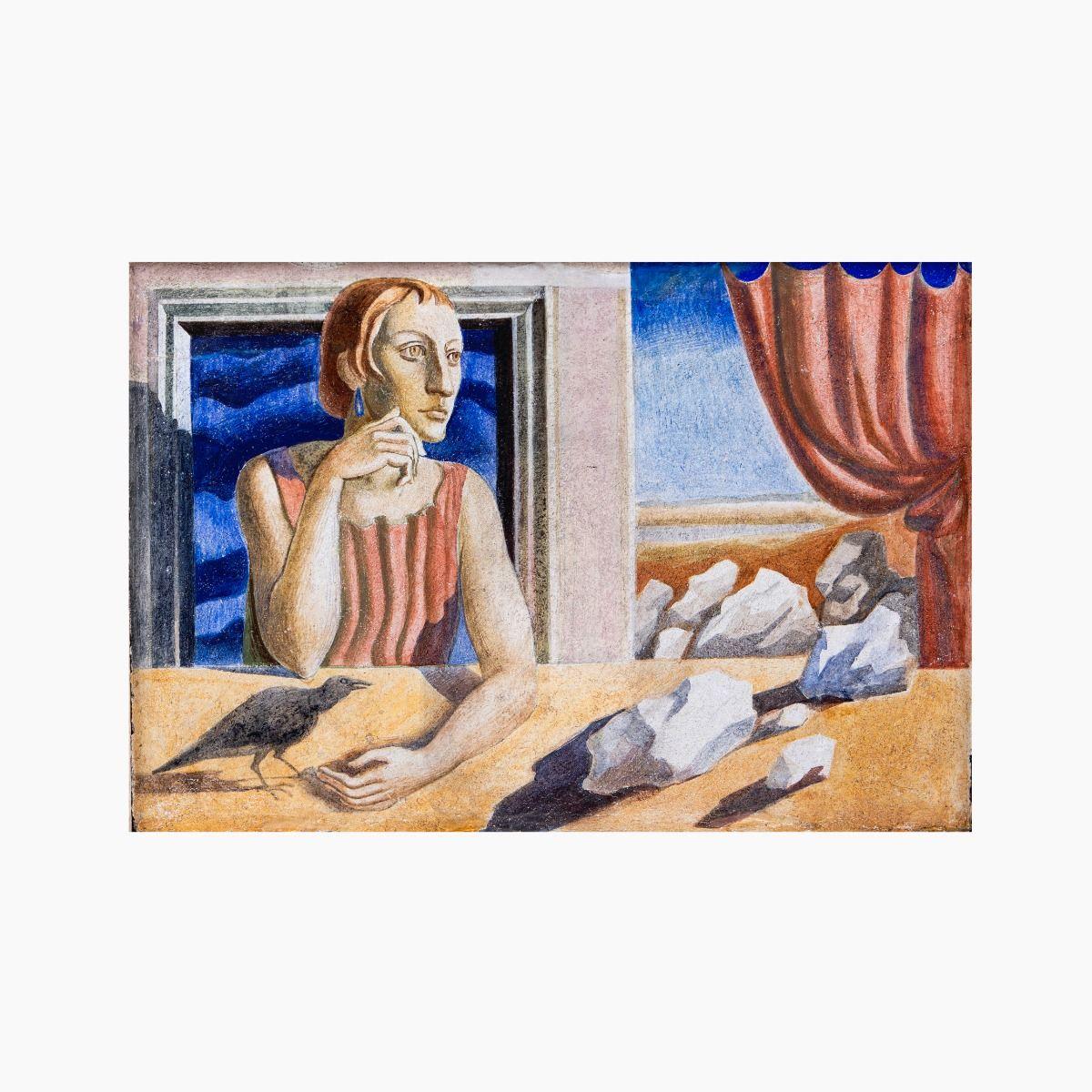 Surrealistisches Fresko, das eine an einem Tisch sitzende Frau darstellt, begleitet von einem schwarzen Vogel und zersplitterten Steinen.
Die Figur ist im Profil an einem offenen Fenster dargestellt, umgeben von lebhaften Farben und symbolischen