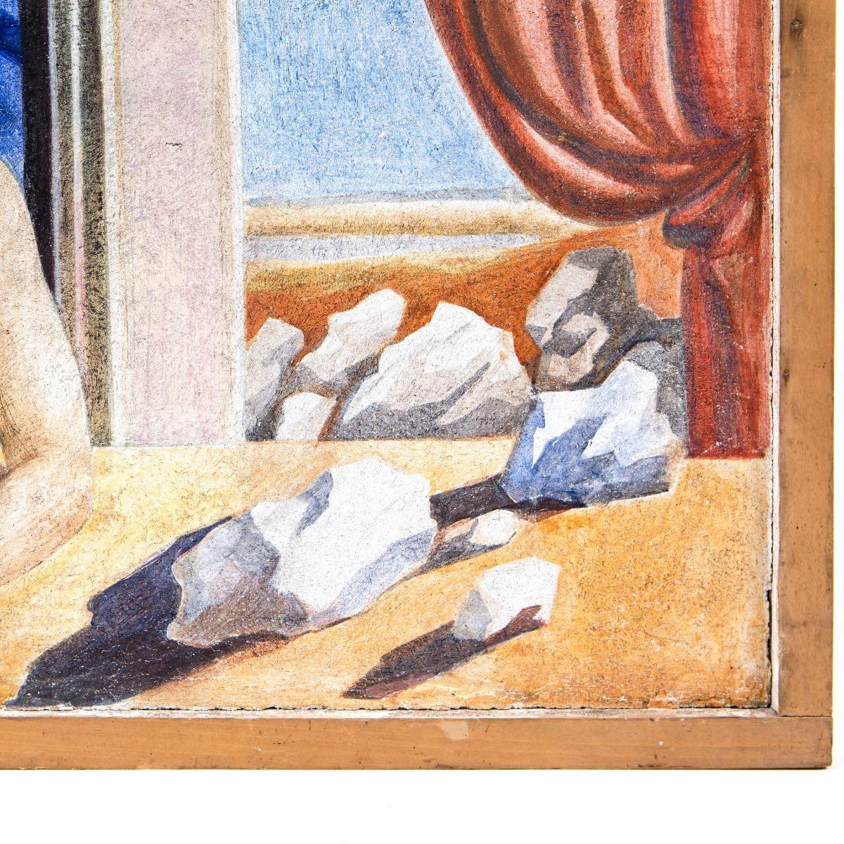 Surrealistisches Fresko einer sitzenden Frau mit Vogel, Mitte 20. Jahrhundert, möglicherweise italienisch (Gemalt) im Angebot