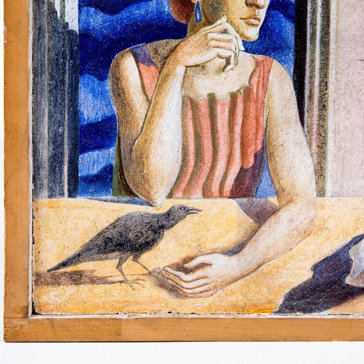 Surrealistisches Fresko einer sitzenden Frau mit Vogel, Mitte 20. Jahrhundert, möglicherweise italienisch im Zustand „Gut“ im Angebot in Kastrup, DK
