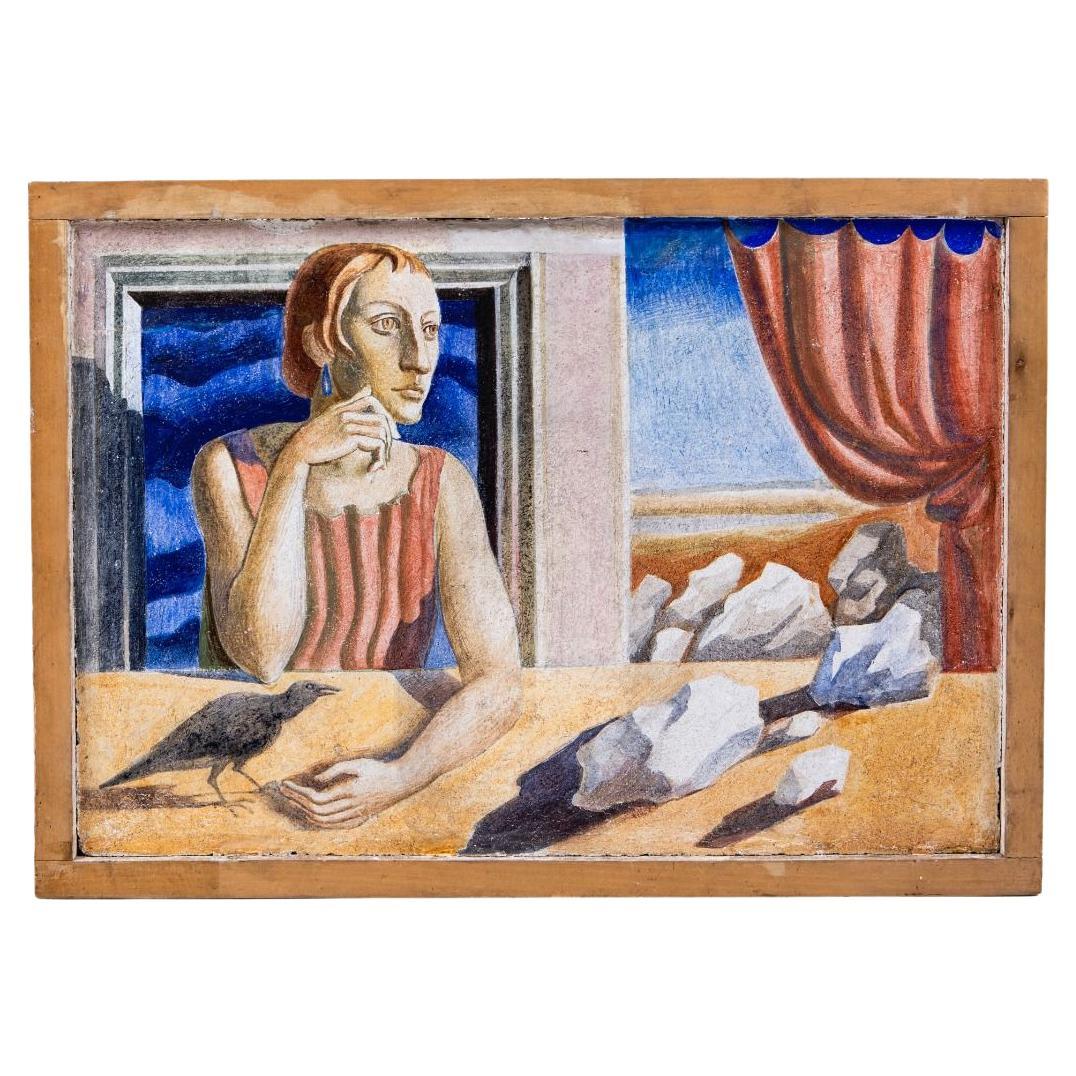 Surrealistisches Fresko einer sitzenden Frau mit Vogel, Mitte 20. Jahrhundert, möglicherweise italienisch im Angebot