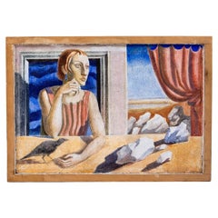 Affresco surrealista di donna seduta con uccello, metà del XX secolo, forse italiano