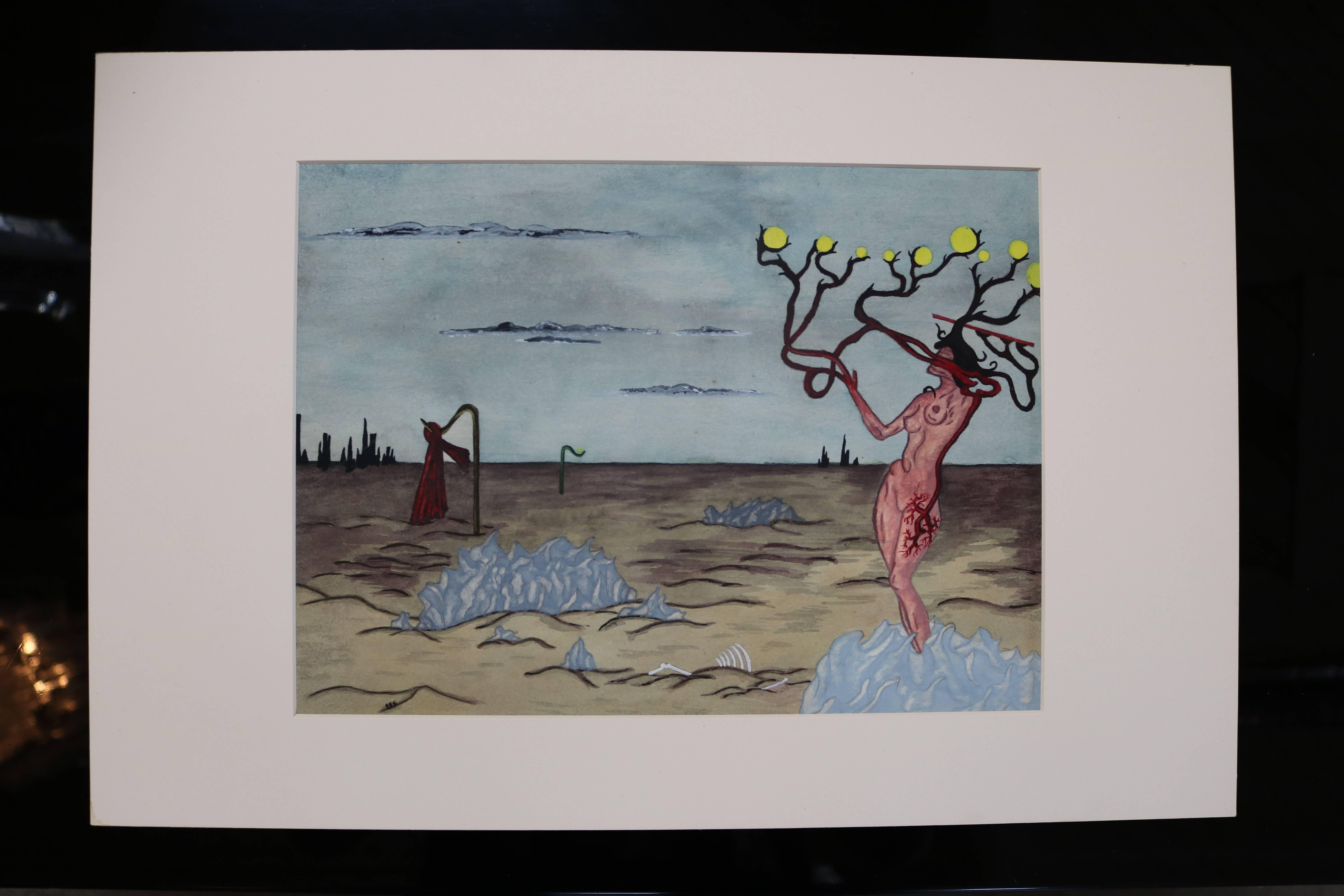 Framed watercolor of a desert landscape with a woman tree and clouds, by artist R. E. Schwelke.