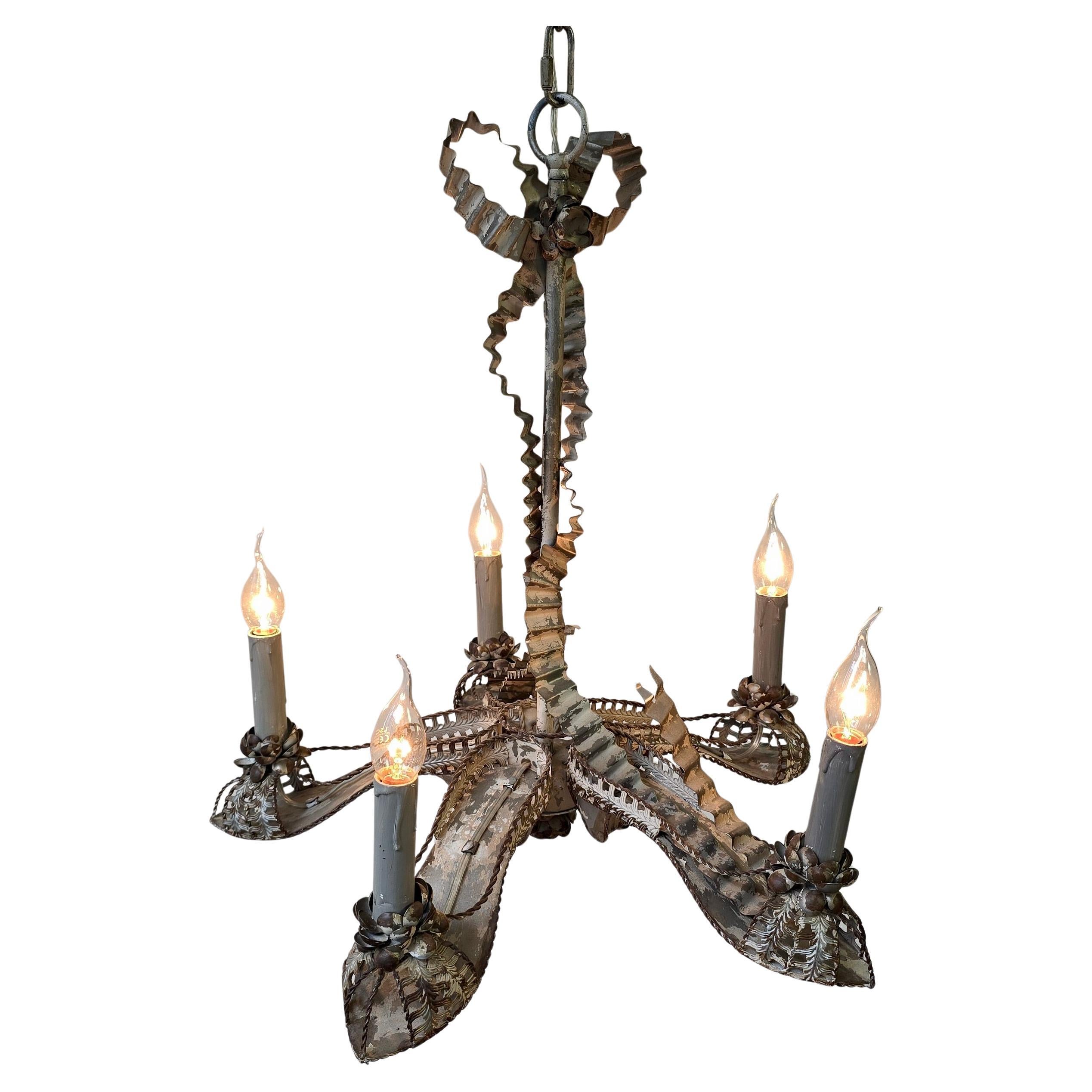 Rare Surrealist “High Heel Shoe” Tôle Chandelier, 5-Light, France, ca. 1950s For Sale