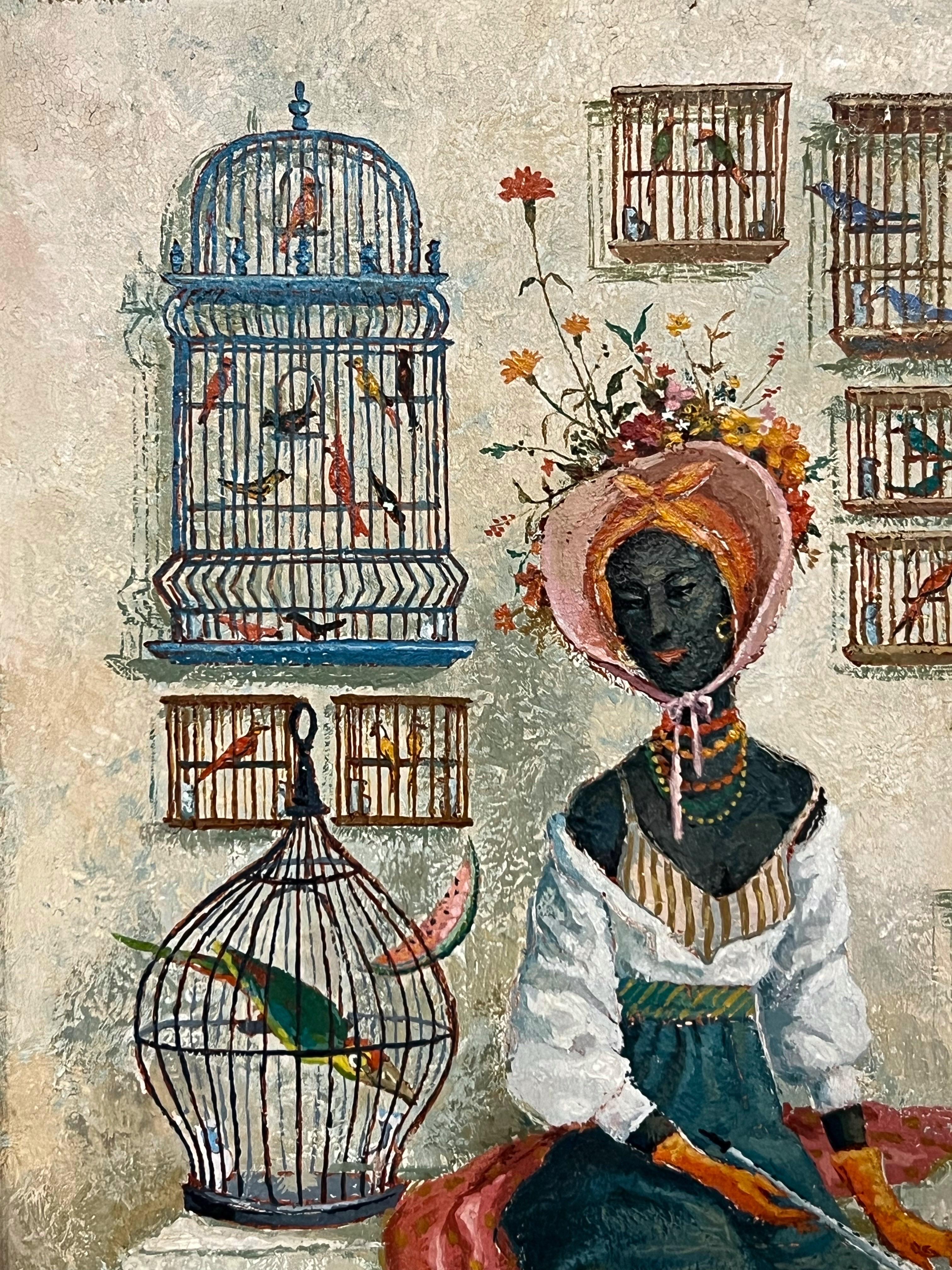 Surrealist Lady with Birds Painting by Thurman Nicholson In Good Condition For Sale In Miami, FL
