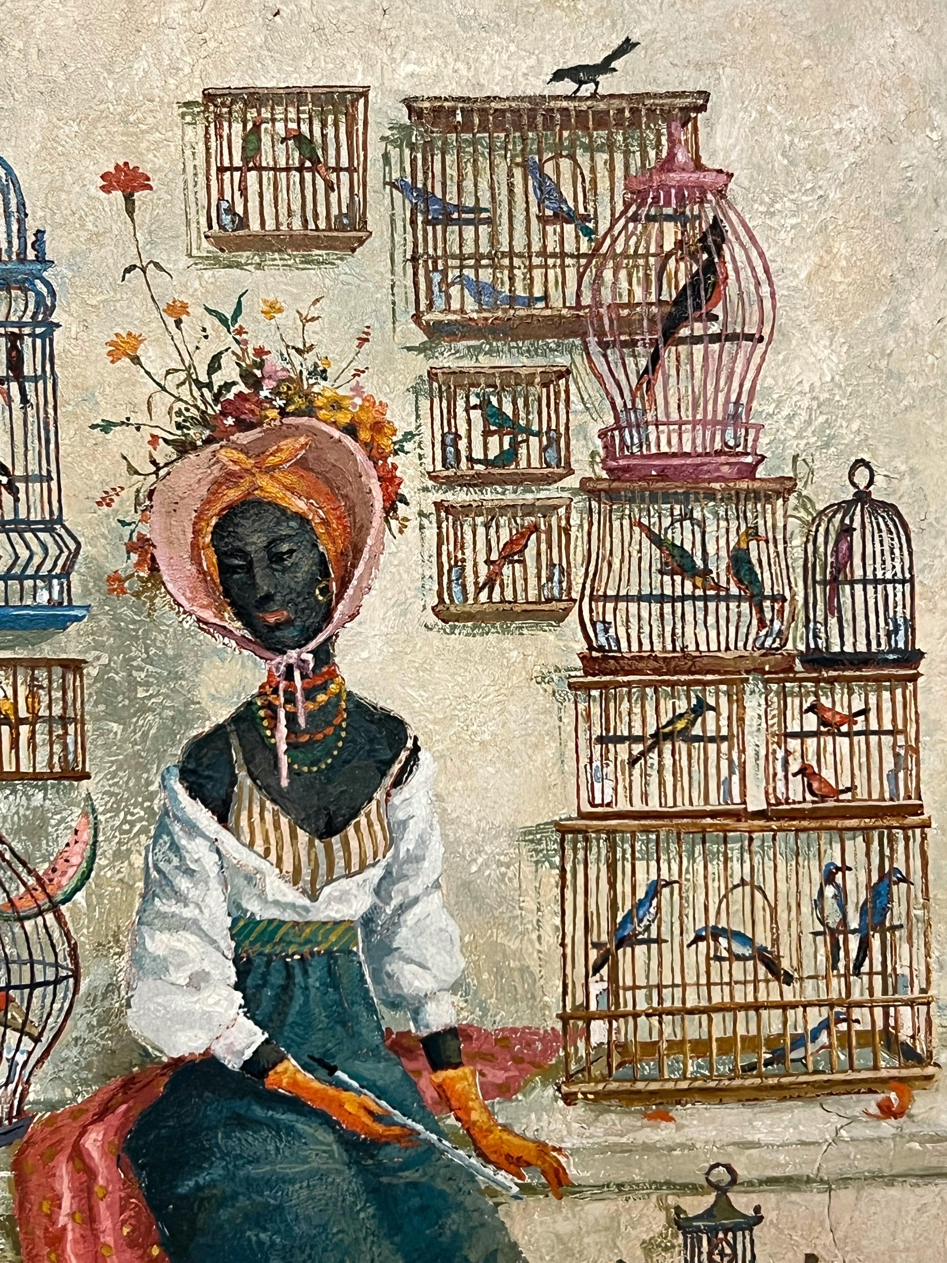 Mid-20th Century Surrealist Lady with Birds Painting by Thurman Nicholson For Sale