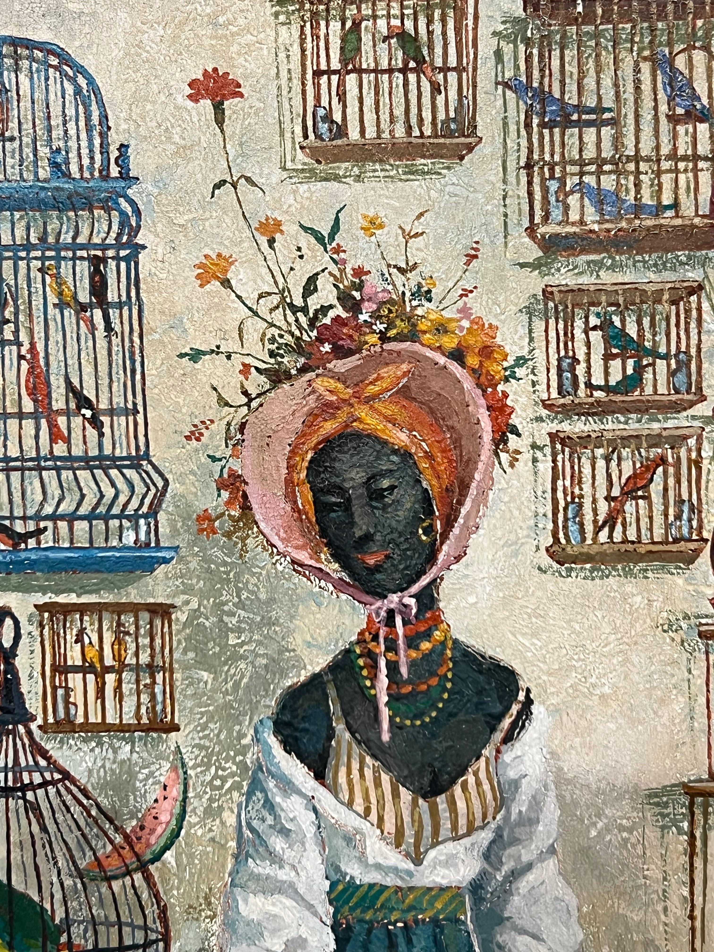 Surrealist Lady with Birds Painting by Thurman Nicholson For Sale 1
