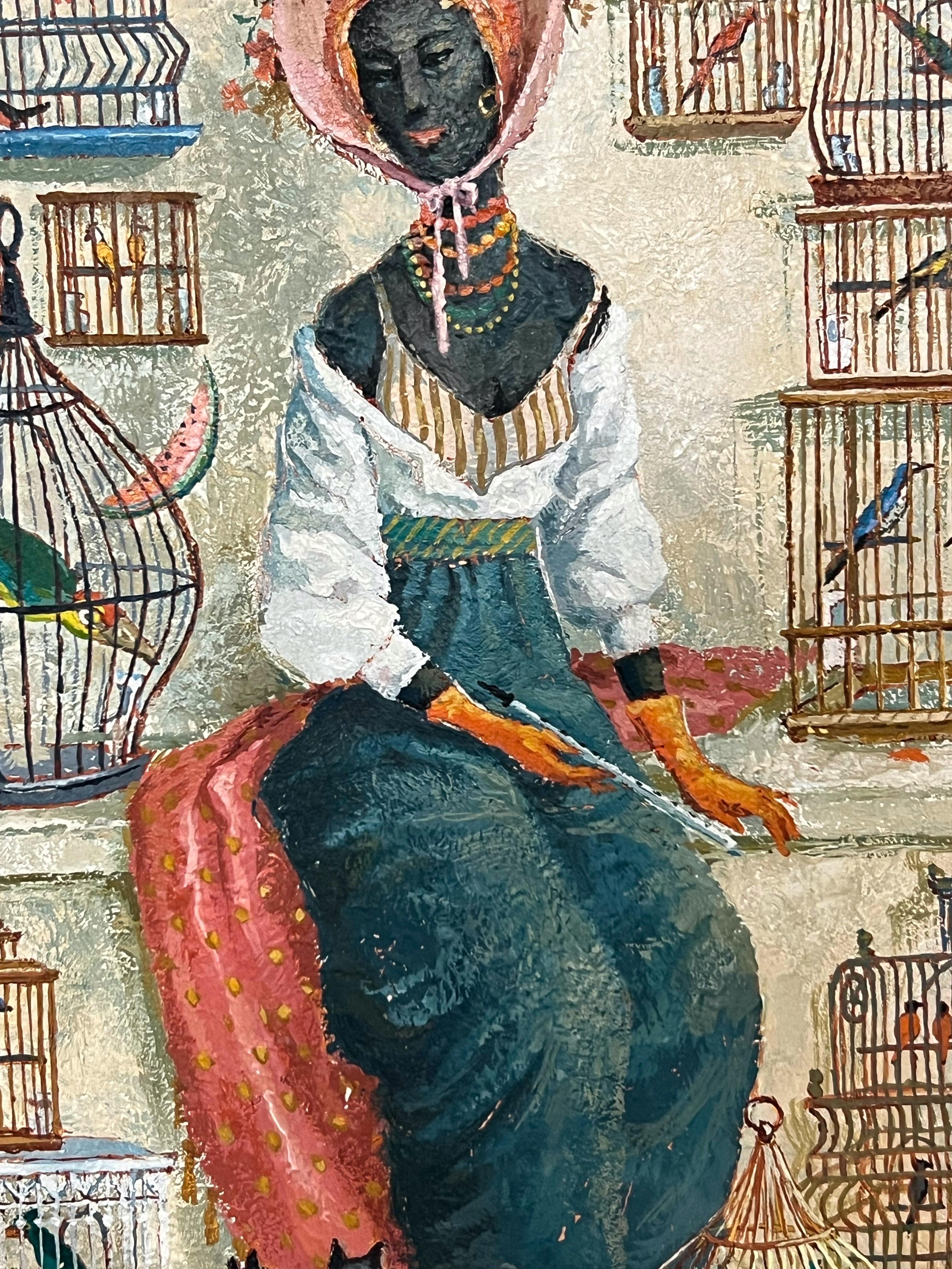 Surrealist Lady with Birds Painting by Thurman Nicholson For Sale 2