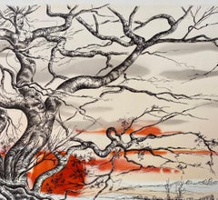 Surrealist Landscape Drawing with Tree and Sunset, Signed Mid-Century Modern Ink