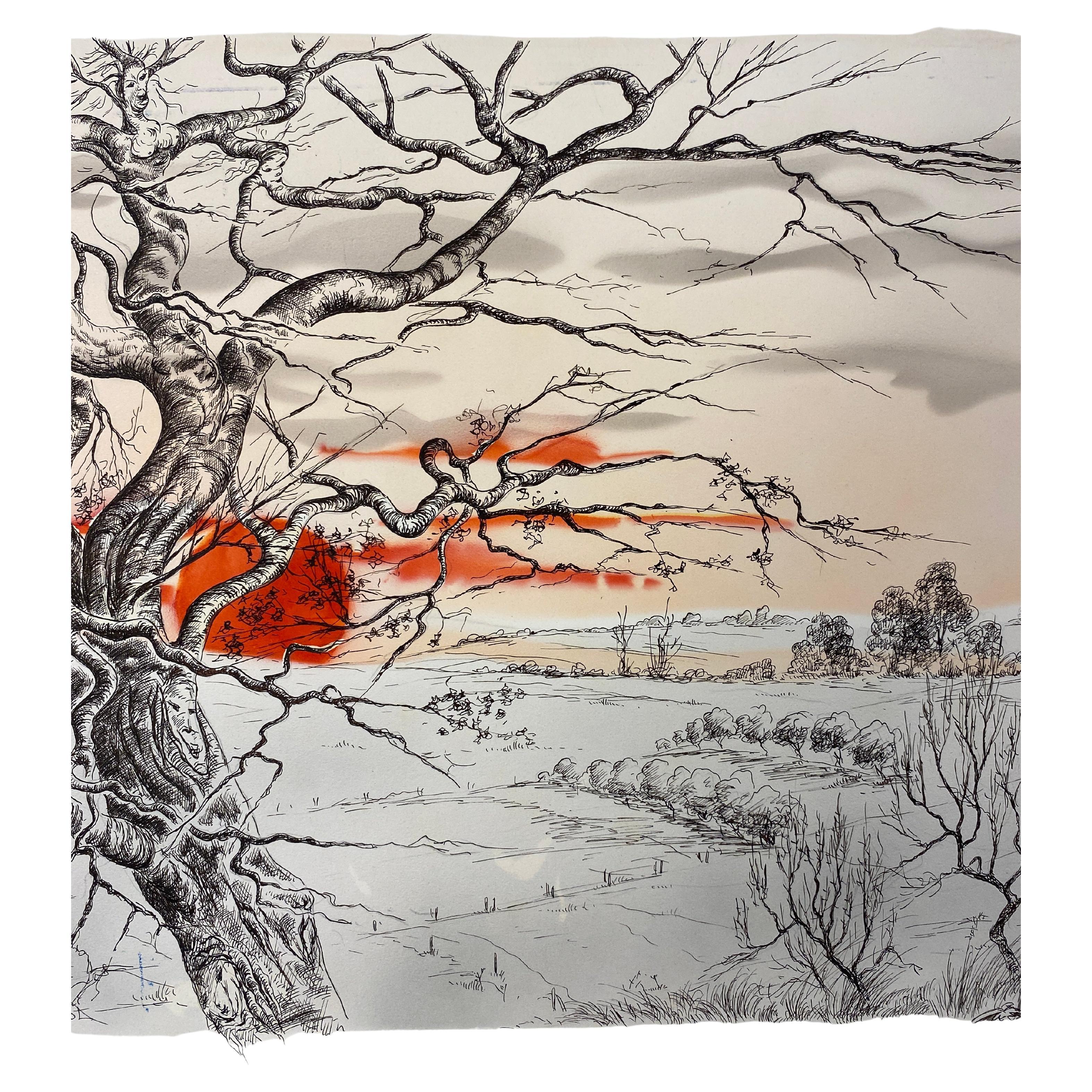 Dibujo surrealista de paisaje con árbol y puesta de sol, firmado Tinta moderna de mediados de siglo