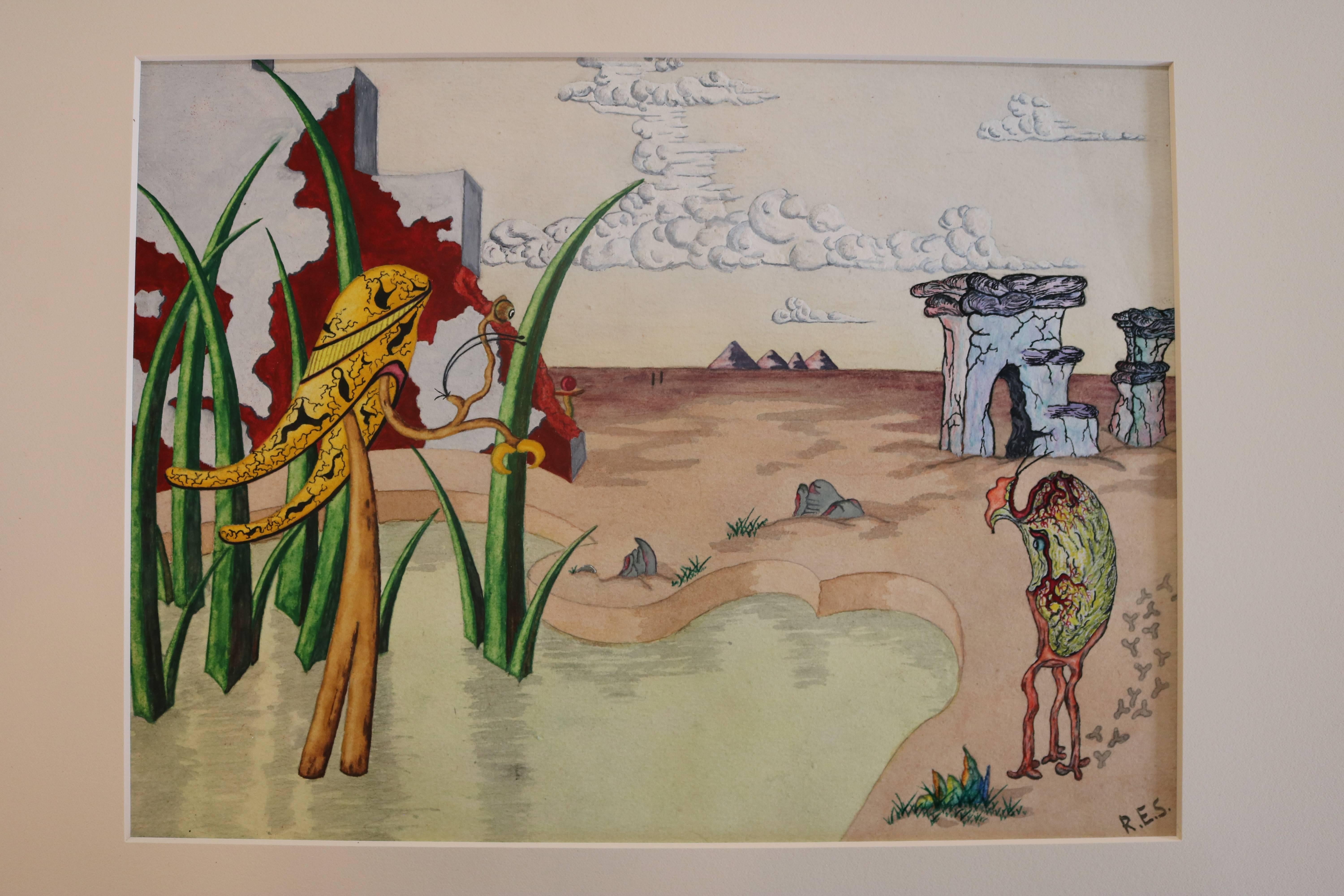Mid-Century Modern Surrealist Landscape Watercolor Signed R. E. Schwelke and Dated 1947 For Sale