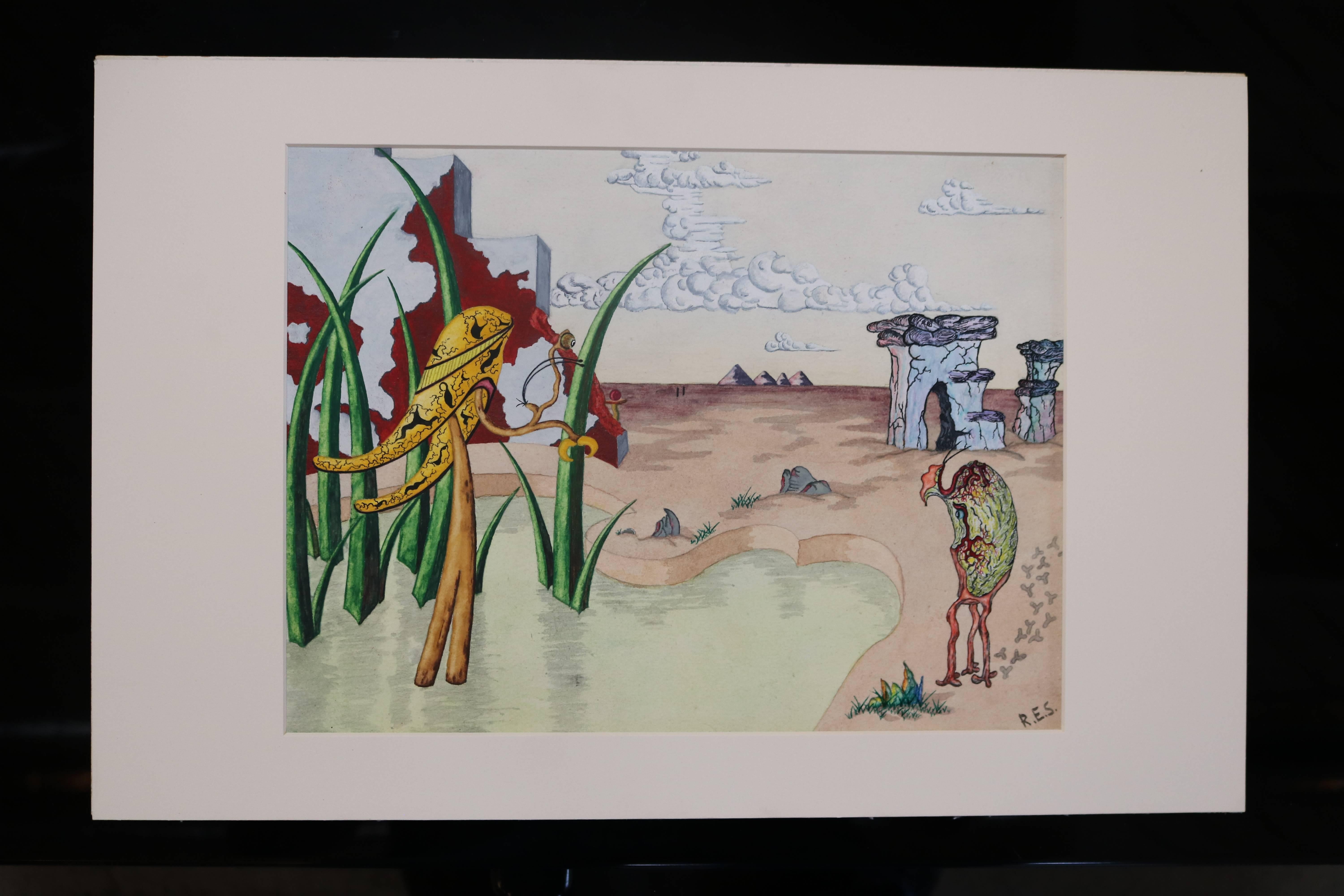 American Surrealist Landscape Watercolor Signed R. E. Schwelke and Dated 1947 For Sale