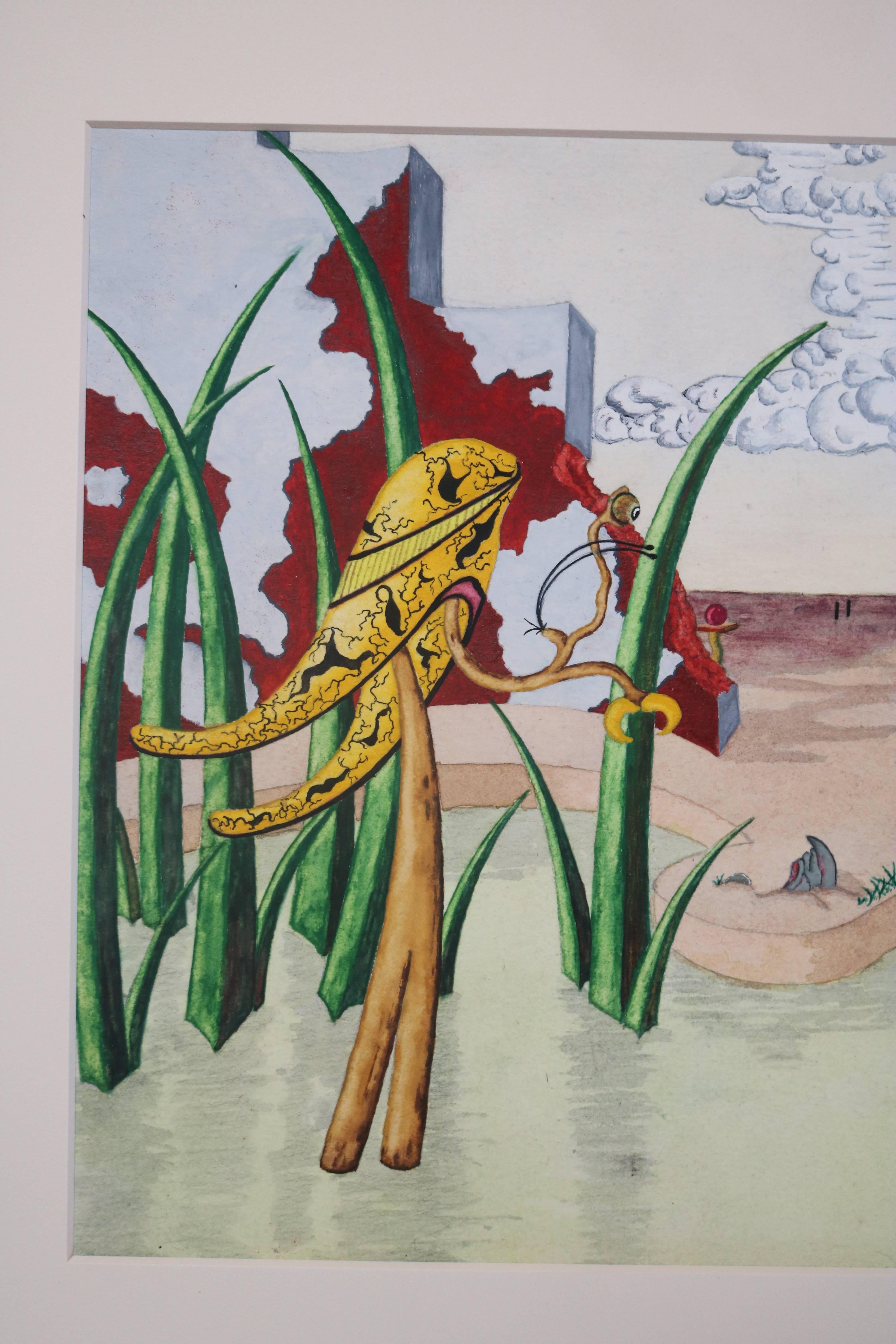 Stained Surrealist Landscape Watercolor Signed R. E. Schwelke and Dated 1947 For Sale
