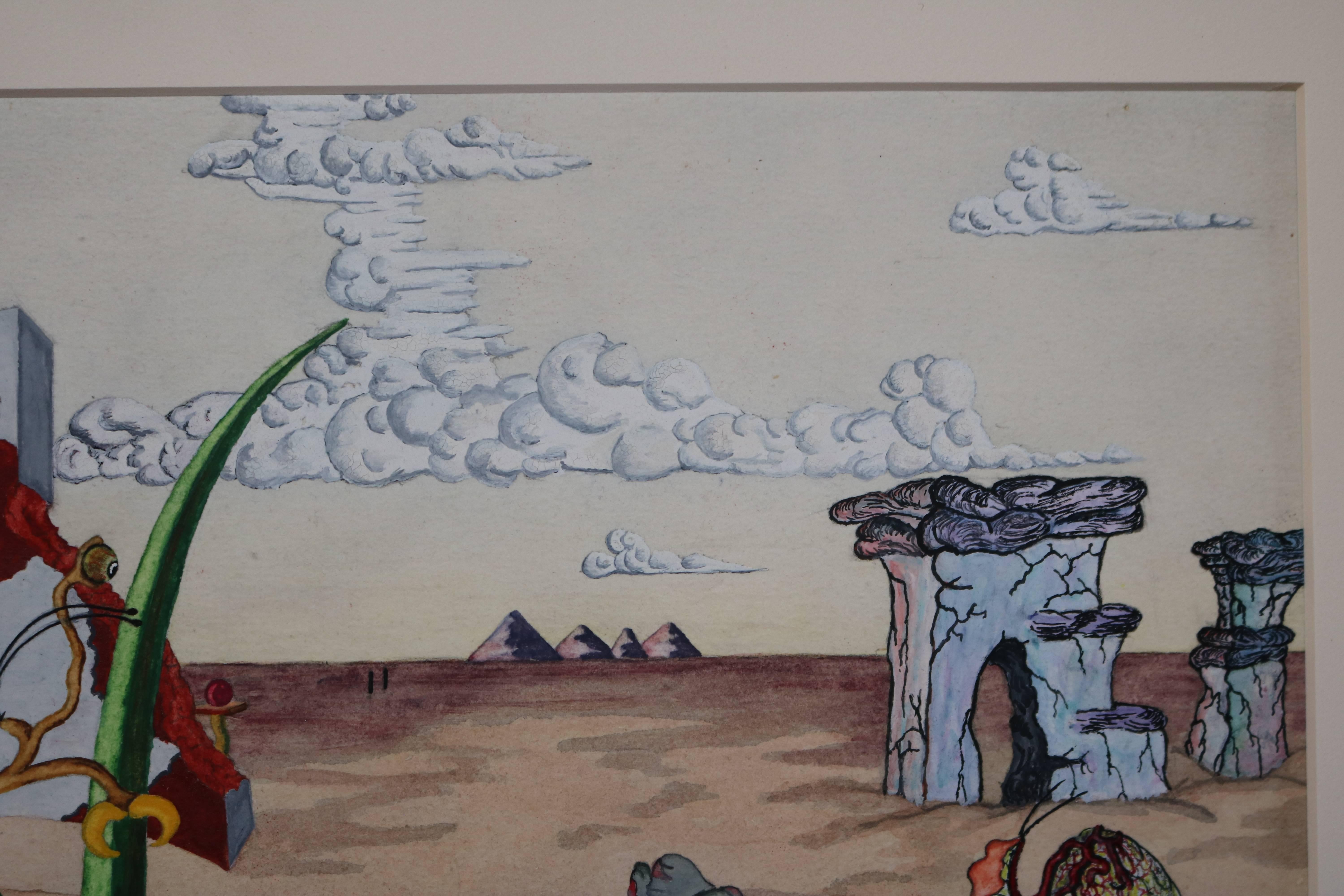 Mid-20th Century Surrealist Landscape Watercolor Signed R. E. Schwelke and Dated 1947 For Sale