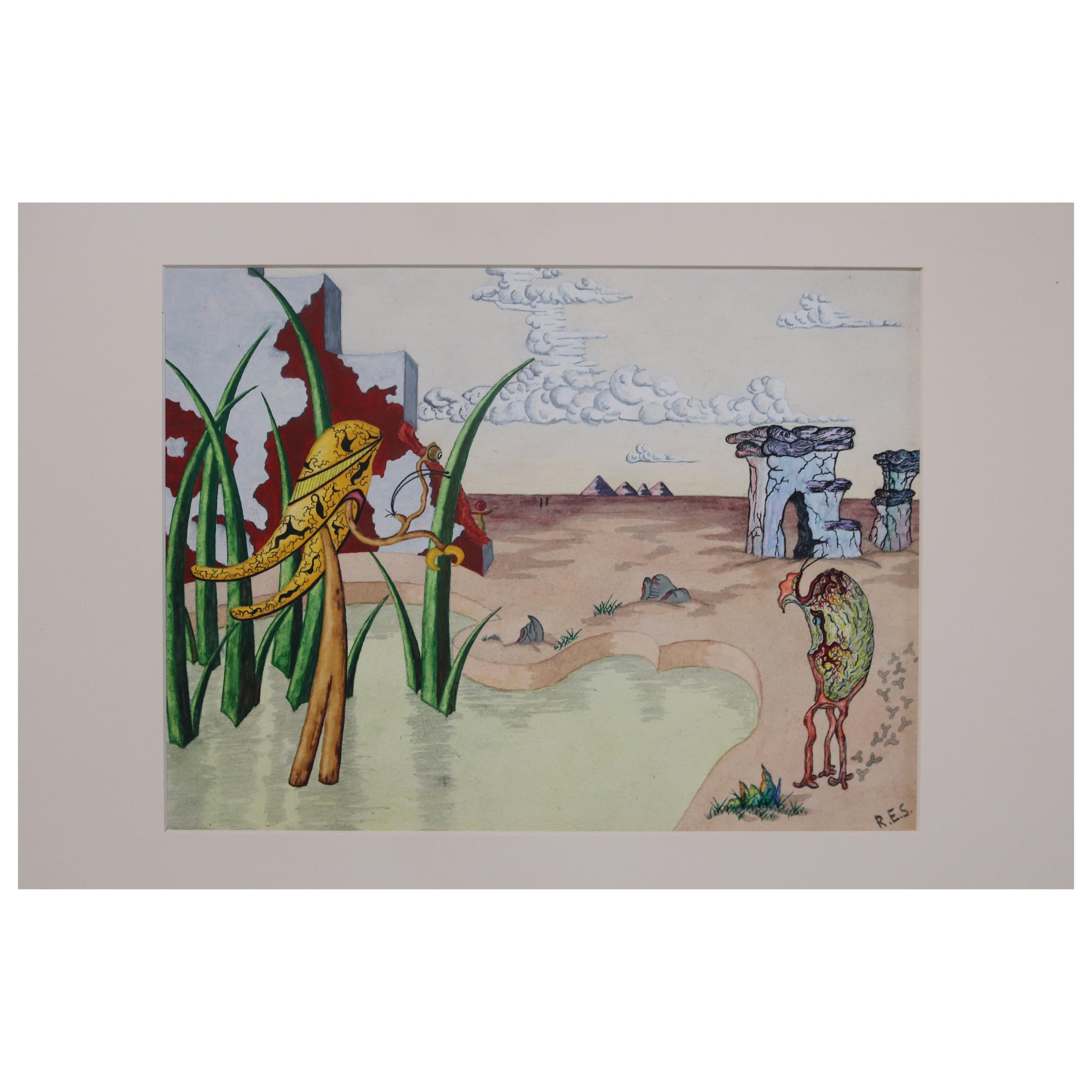 Acquerello surrealista colorato incorniciato, firmato dall'artista R.E. Schwelke nel 1947. Intitolato 