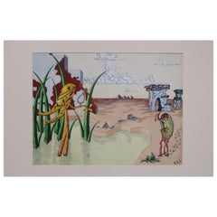 Aquarelle de paysage surréaliste signée R. E. Schwelke et datée de 1947