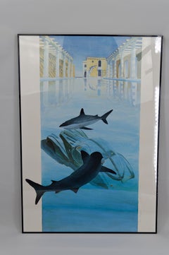 Litografía surrealista "Los tiburones" de Alain Mirgalet, Francia, hacia 1990