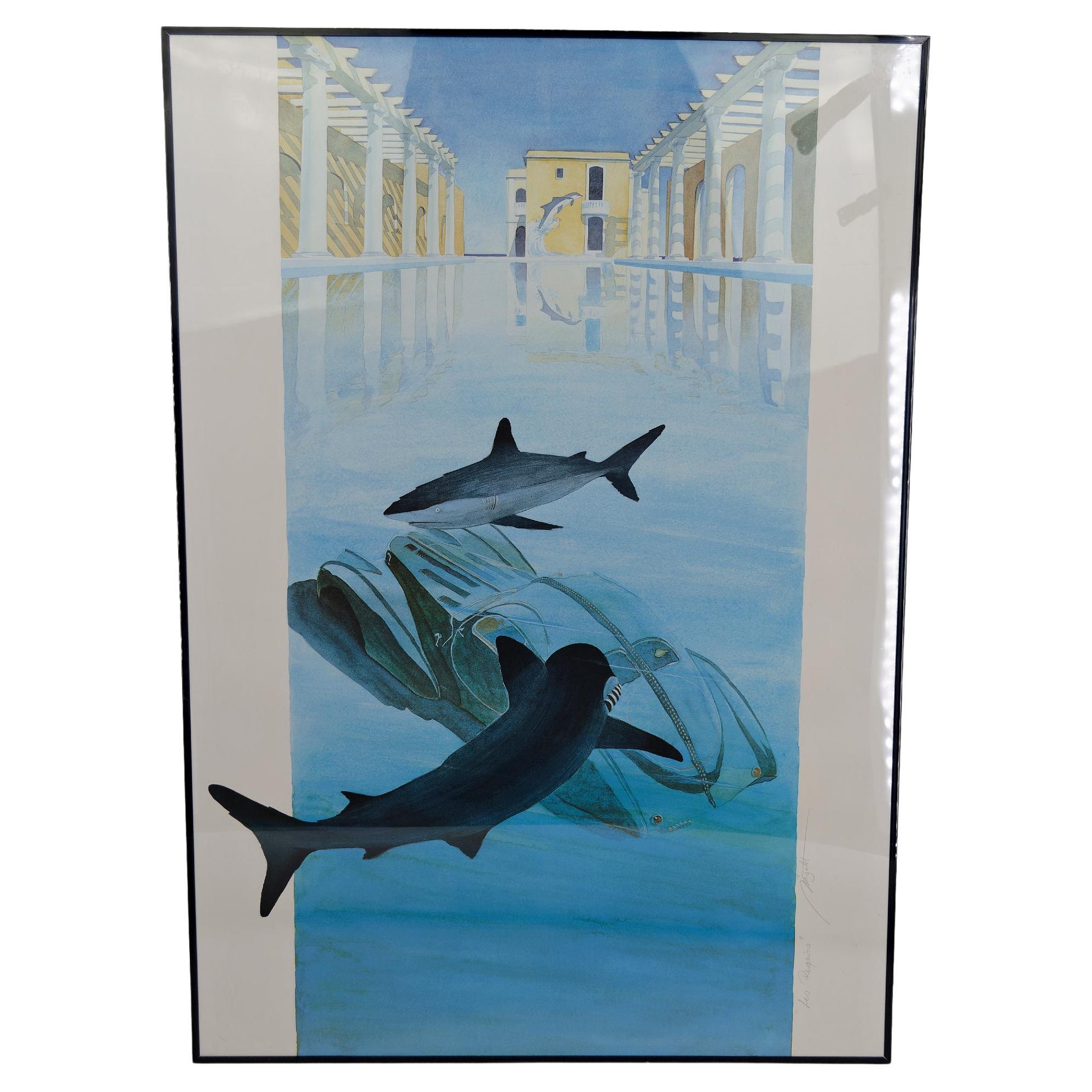 Surrealist Lithograph "The Sharks" by Alain Mirgalet, France, circa 1990 For Sale