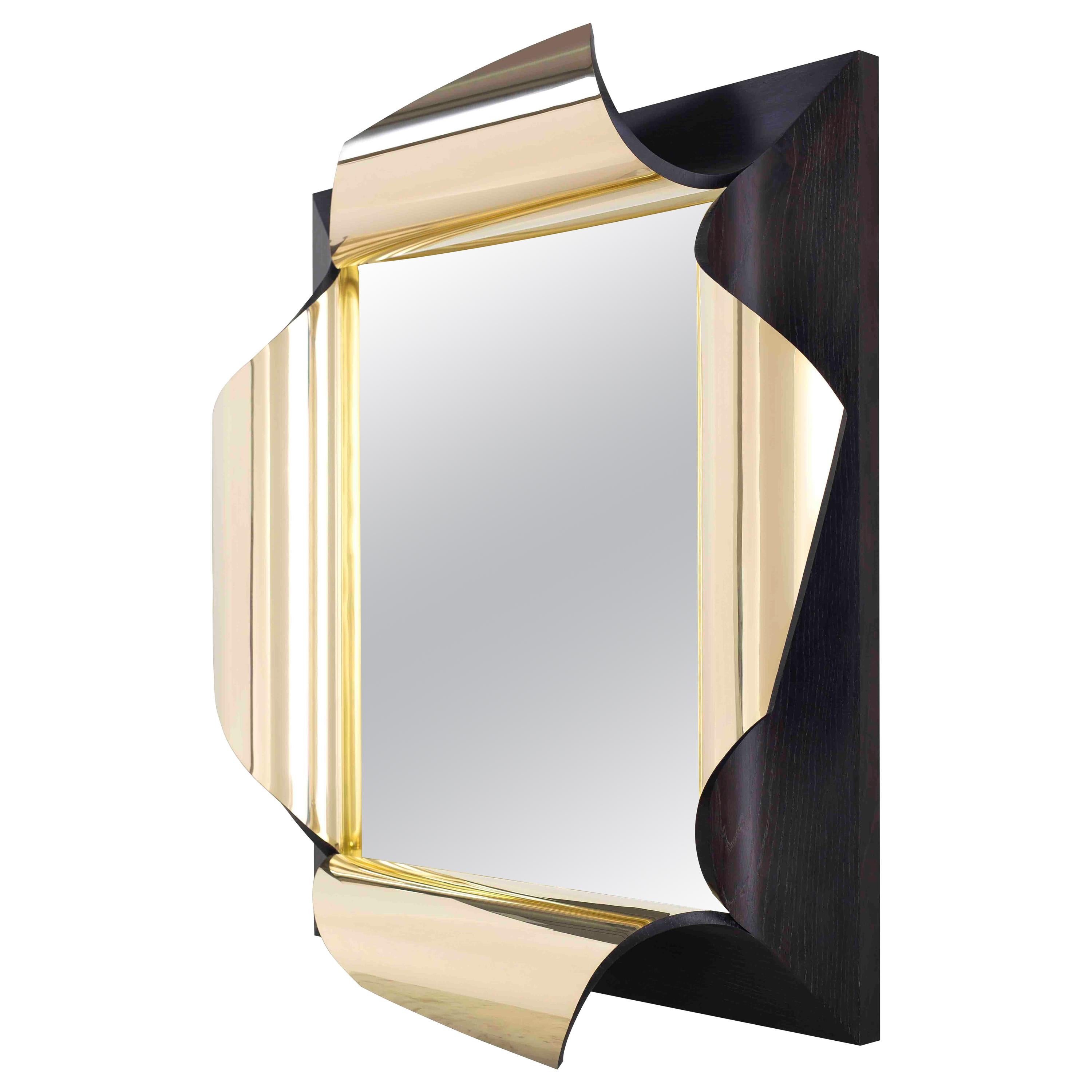 Surrealist Mirror in Polished Brass and Fumed Oak, Salvador by Jake Phipps For Sale
