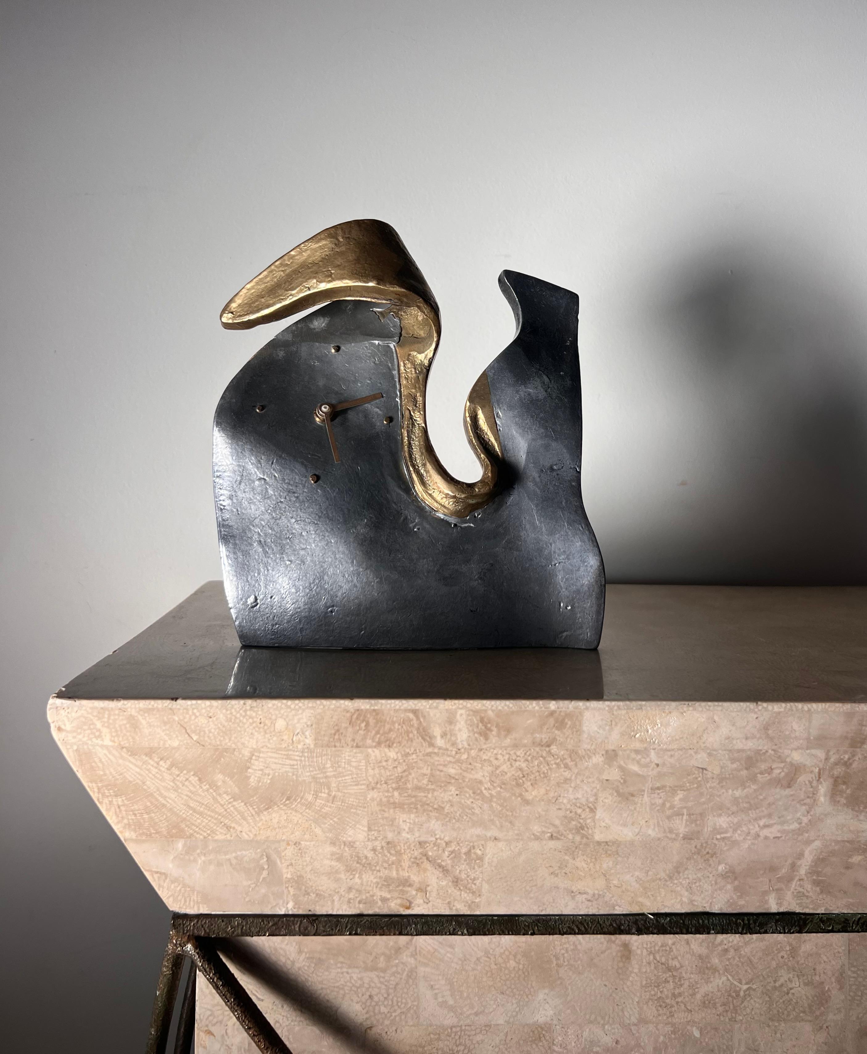 Surrealist mixed metal table clock by David Marshall for Art3, Spain circa 1970 6