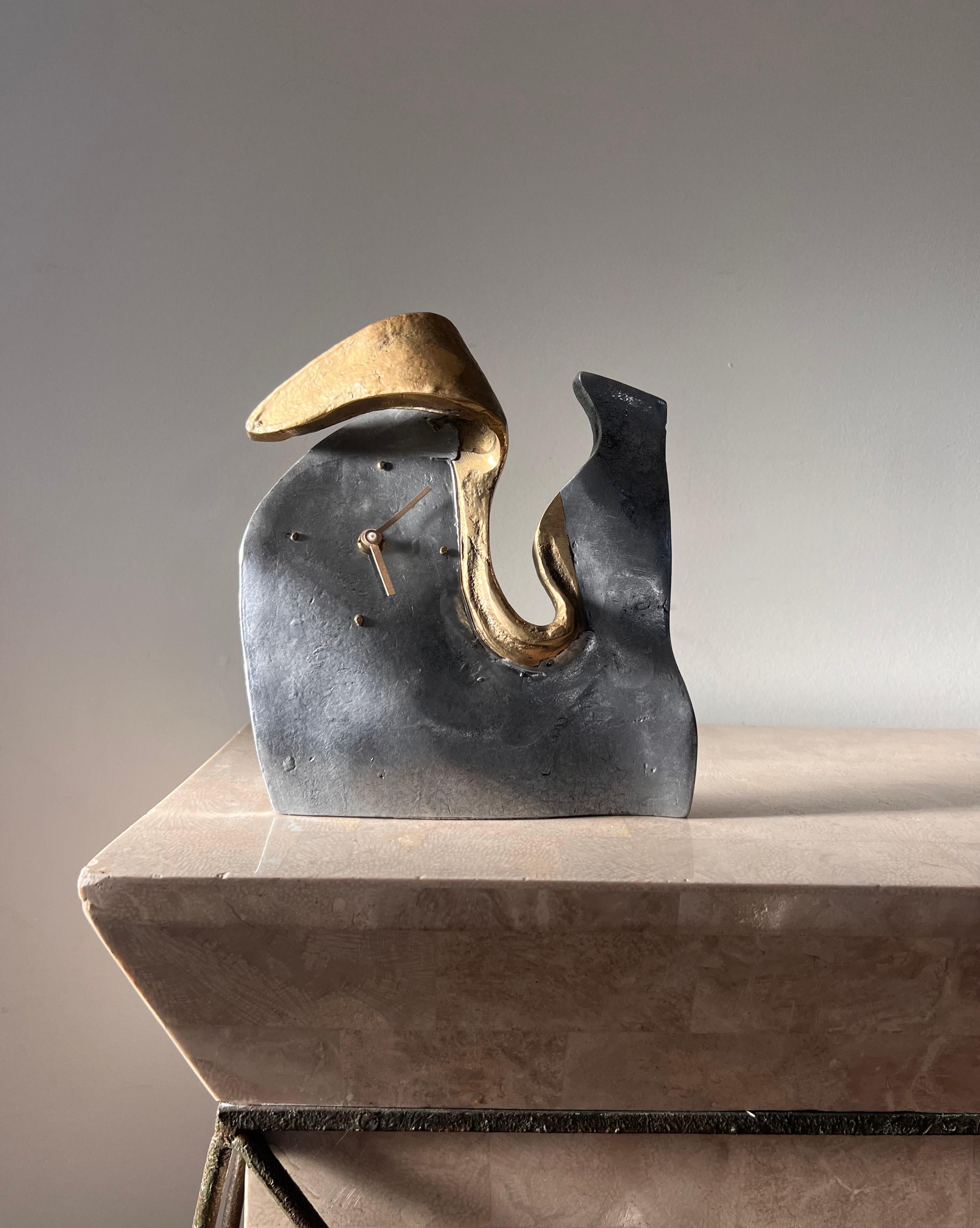 Surrealist mixed metal table clock by David Marshall for Art3, Spain circa 1970 11