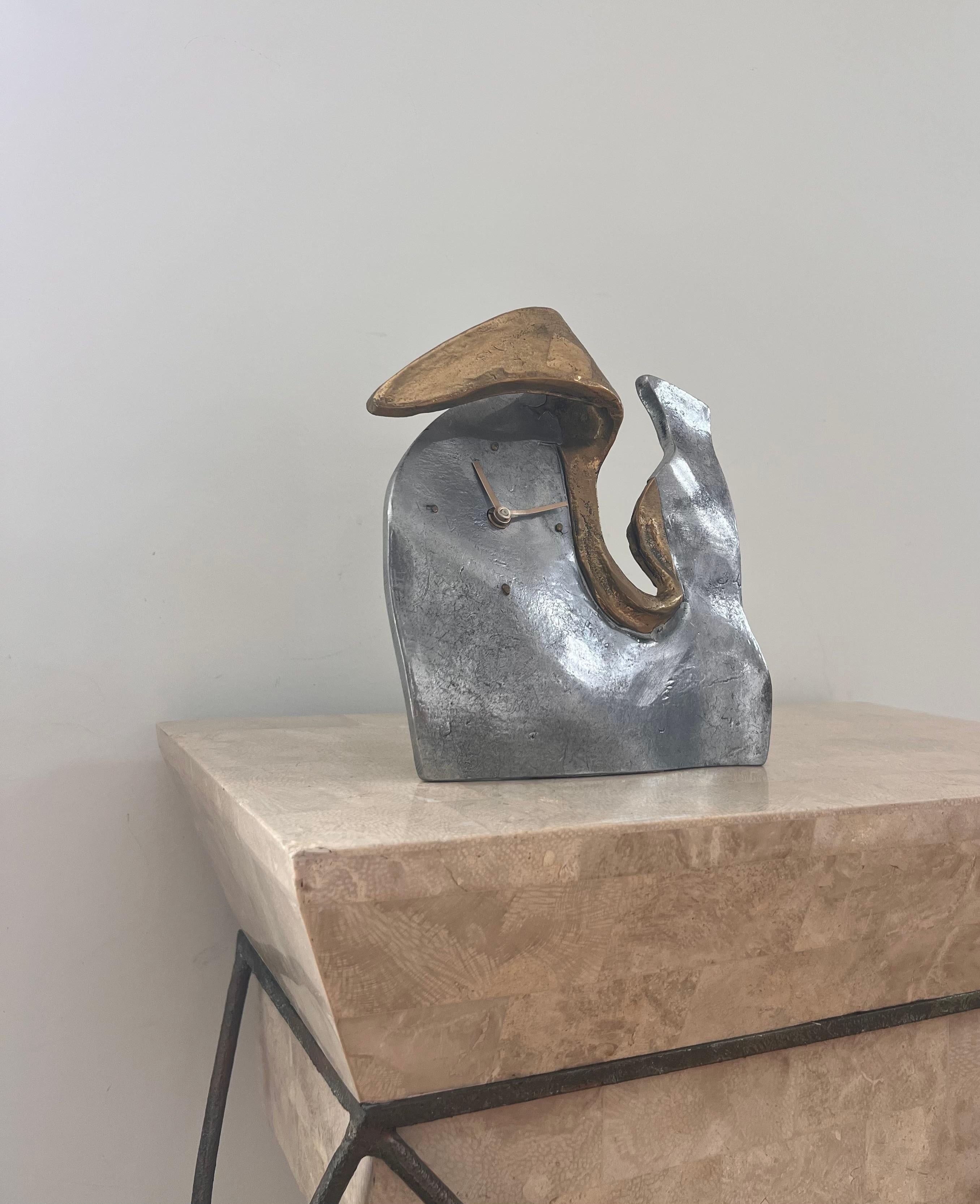 Hand-Crafted Surrealist mixed metal table clock by David Marshall for Art3, Spain circa 1970
