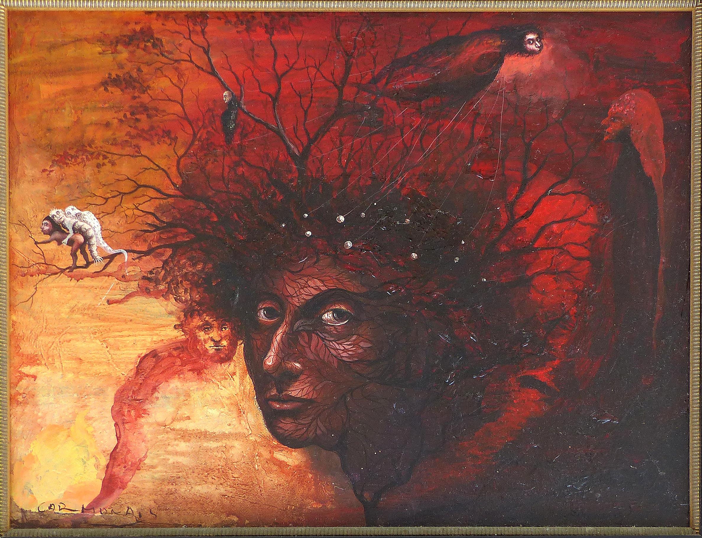 Williams Carmona Surrealist Oil Painting on Canvas,  Cuban/ Puerto Rican Artist 

Offered for sale is a figurative oil on canvas by Cuban born artist Williams Carmona. This painting is framed in a dark wood frame with a giltwood liner, is wired and