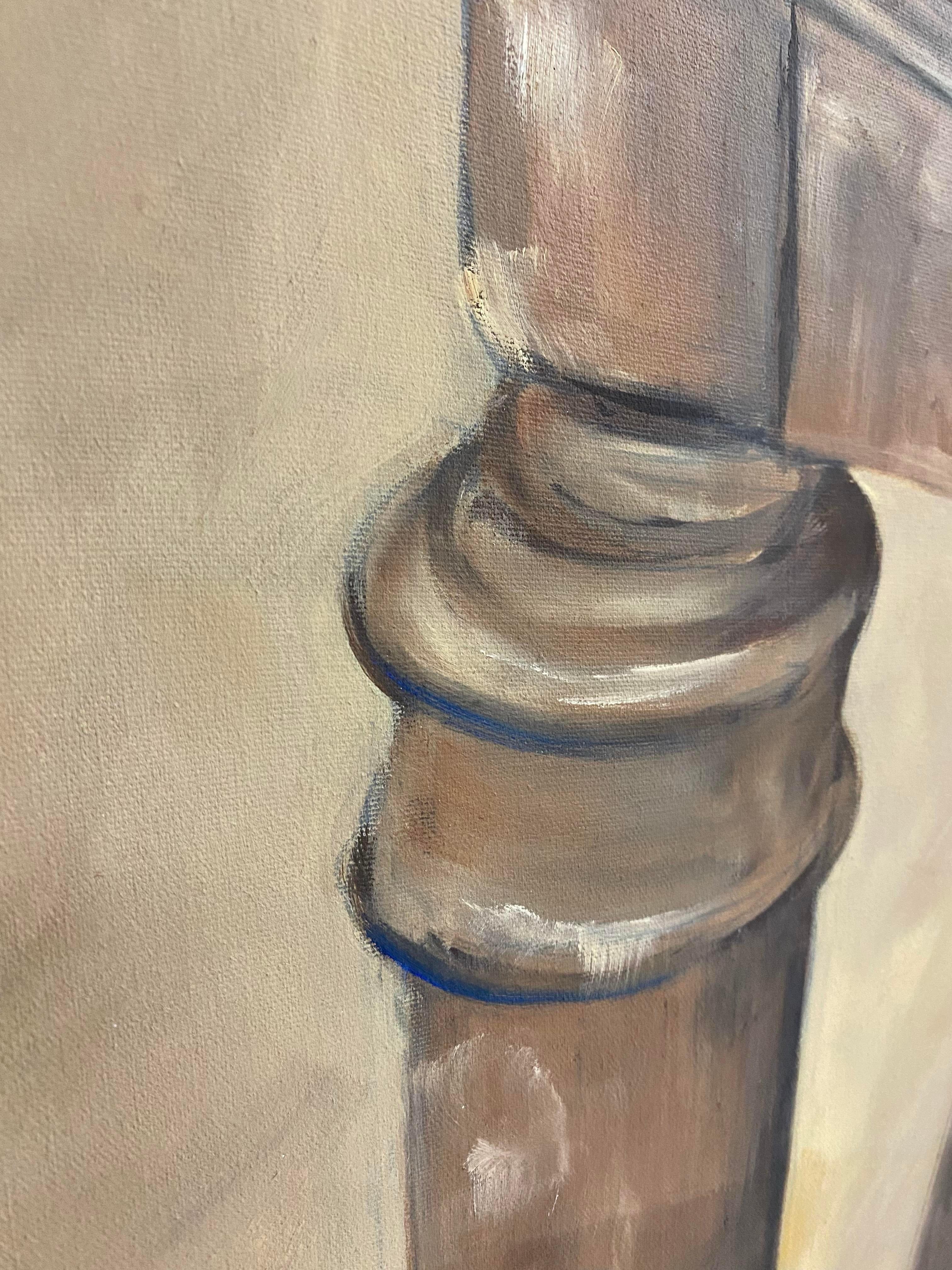 Olio surrealista su tela Pittura originale di gamba di mobile in vendita 1
