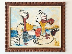 Dipinto a olio surrealista dell'artista haitiano Arijac, anni '60 circa