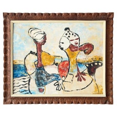 Dipinto a olio surrealista dell'artista haitiano Arijac, anni '60 circa