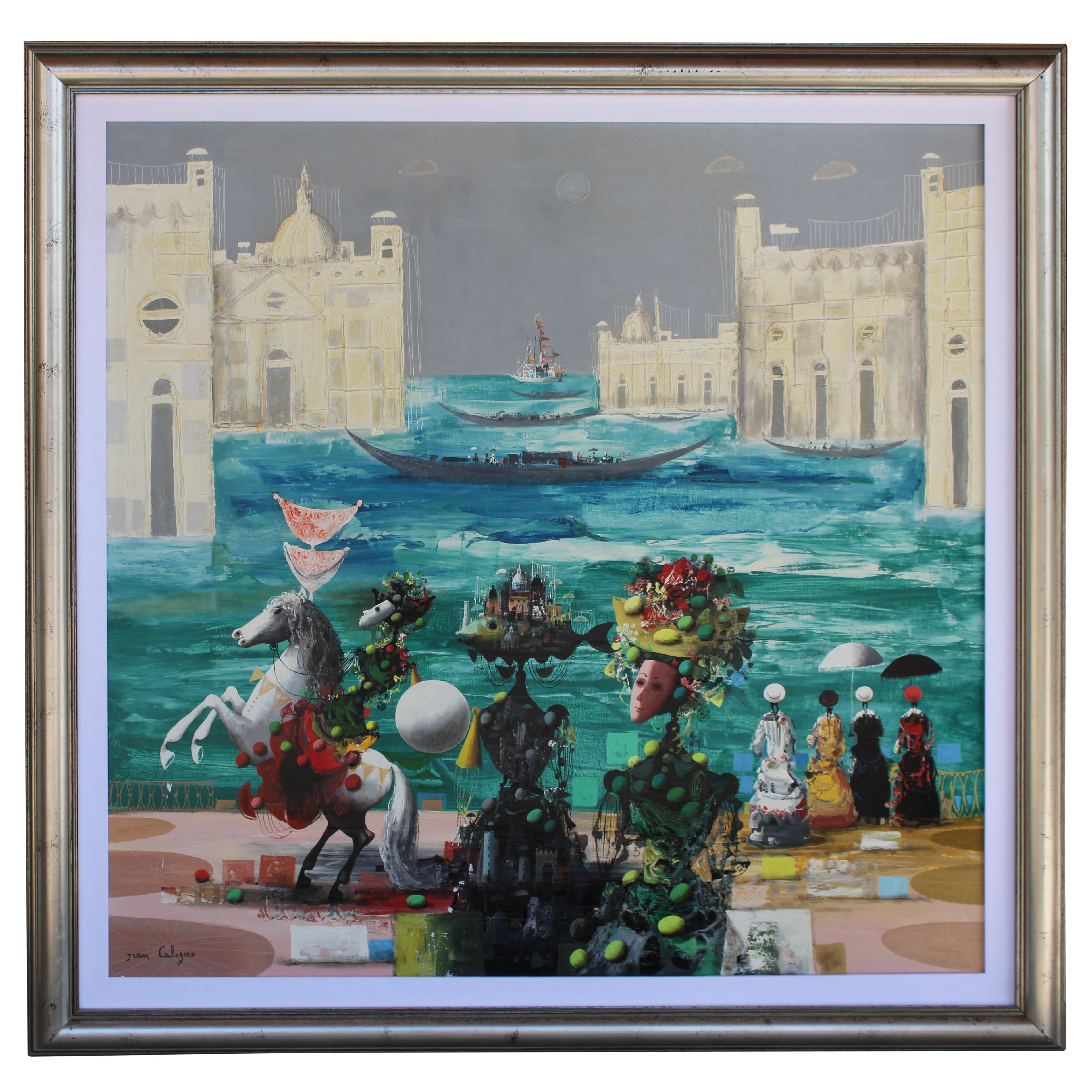 Surrealist Oil Painting by Jean Calogero (1922 - 2001), Carnival a Venise