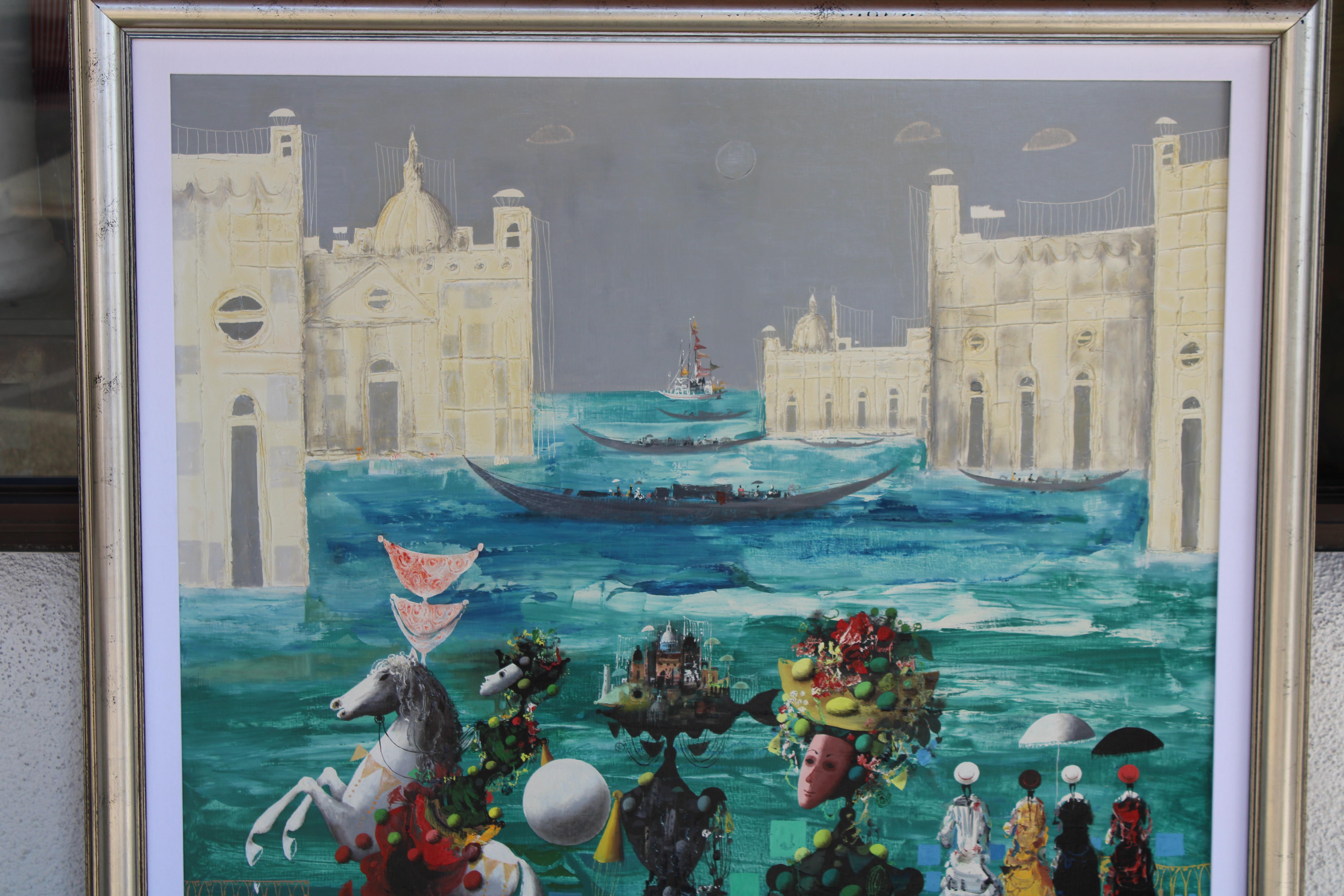 Óleo surrealista de Jean Calogero (1922 - 2001) titulado Carnaval en Venecia.  El cuadro enmarcado mide 46,25