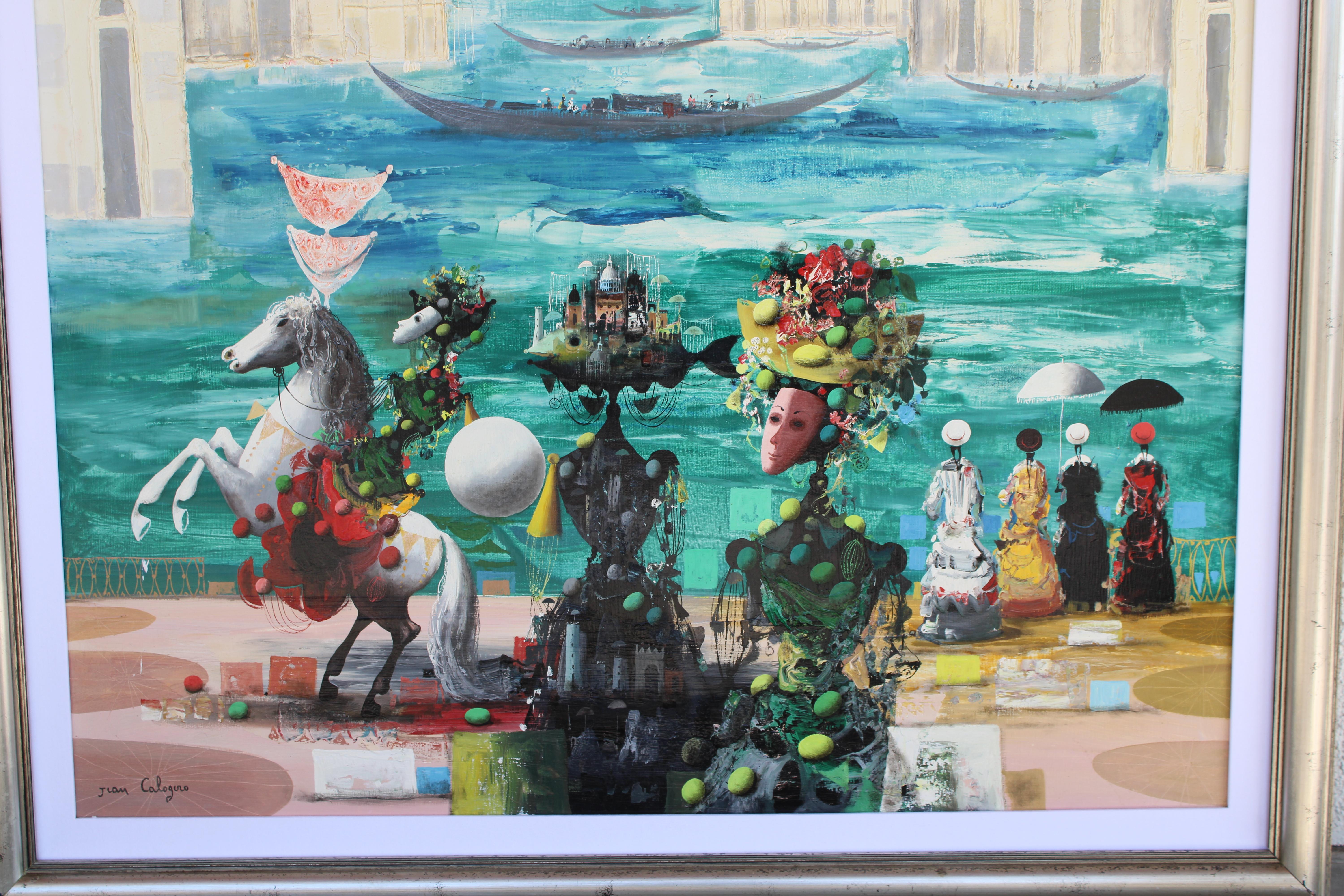 Óleo surrealista de Jean Calogero (1922 - 2001), Carnaval en Venecia Futurista en venta