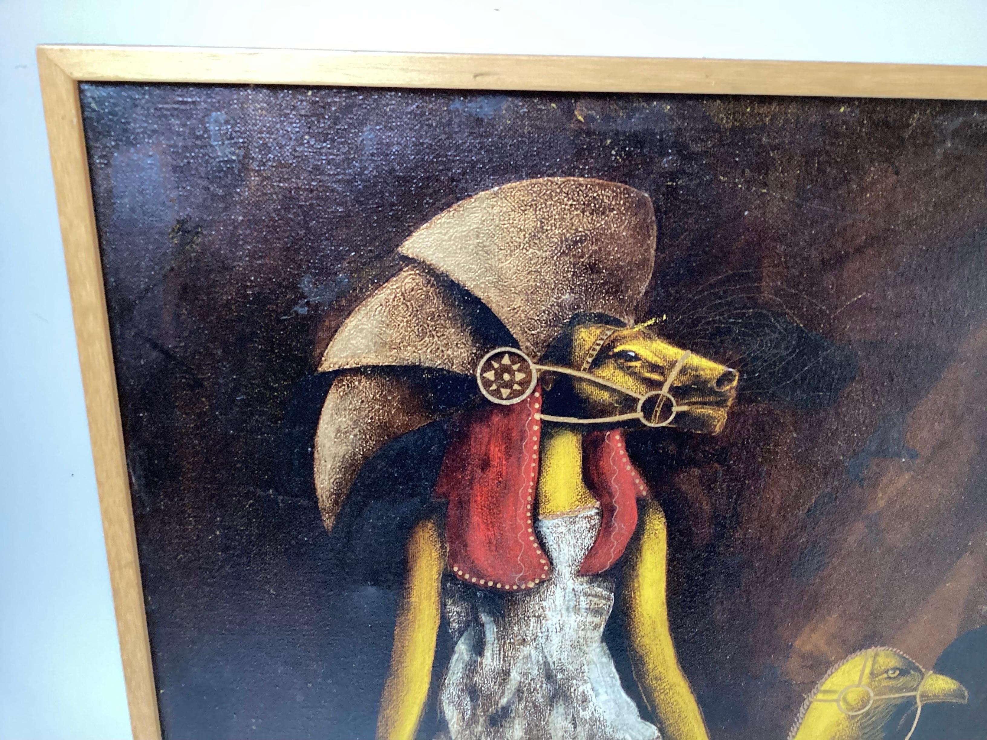 An oil on canvas painting signed by the artist Porras and dated 1999. A surrealist style of a woman wearing a horse themed helmet with a baby holding the reins of a mystical creature. The illuminating colors of gold and yellows and shadowed