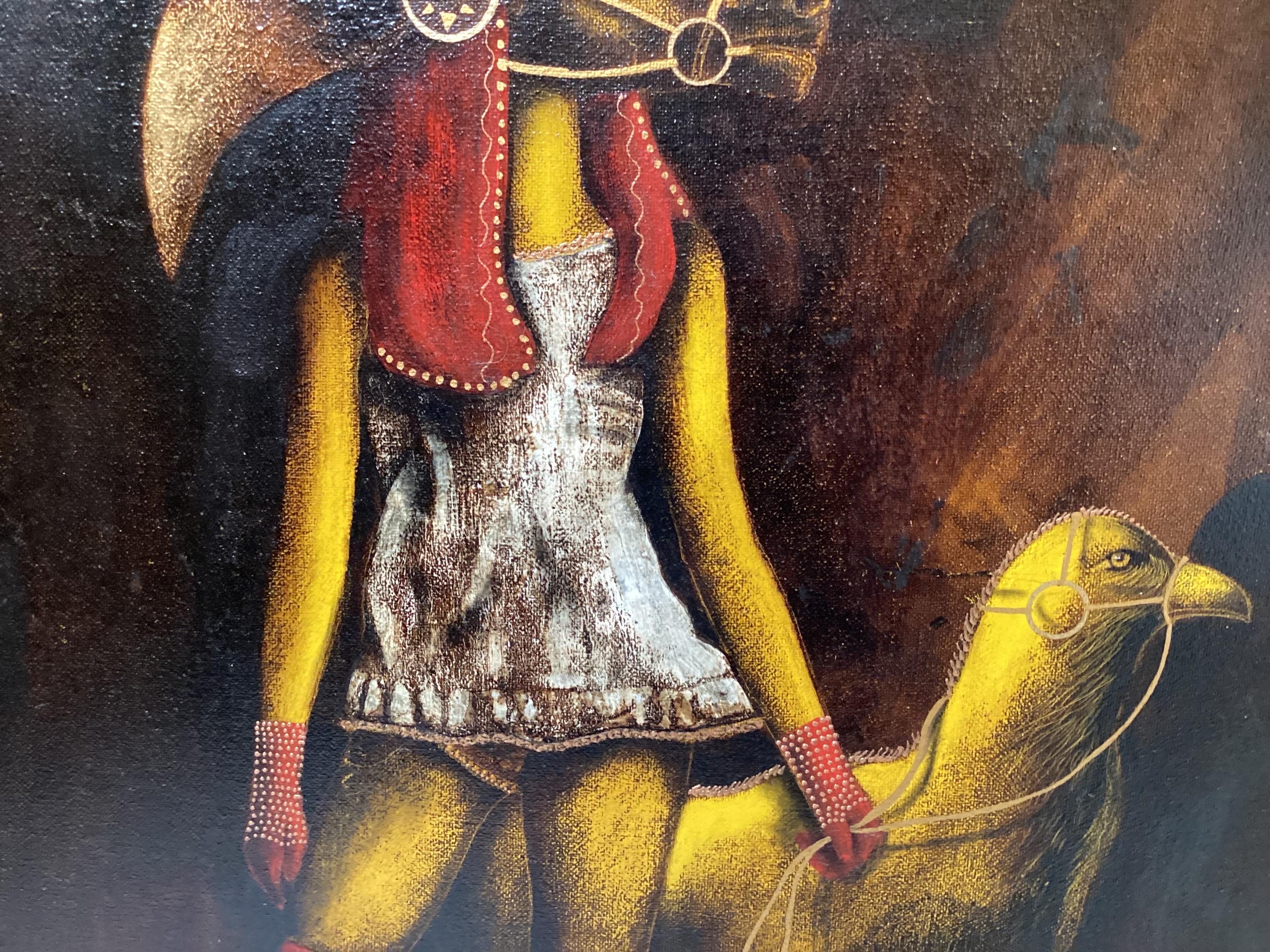 Post-Modern Surrealist Oil Painting of a Woman with Horsehead Helmet For Sale