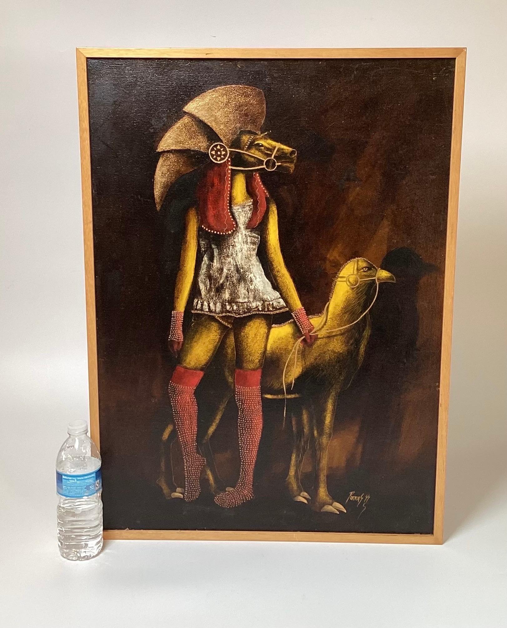 Canvas Surrealist Oil Painting of a Woman with Horsehead Helmet For Sale