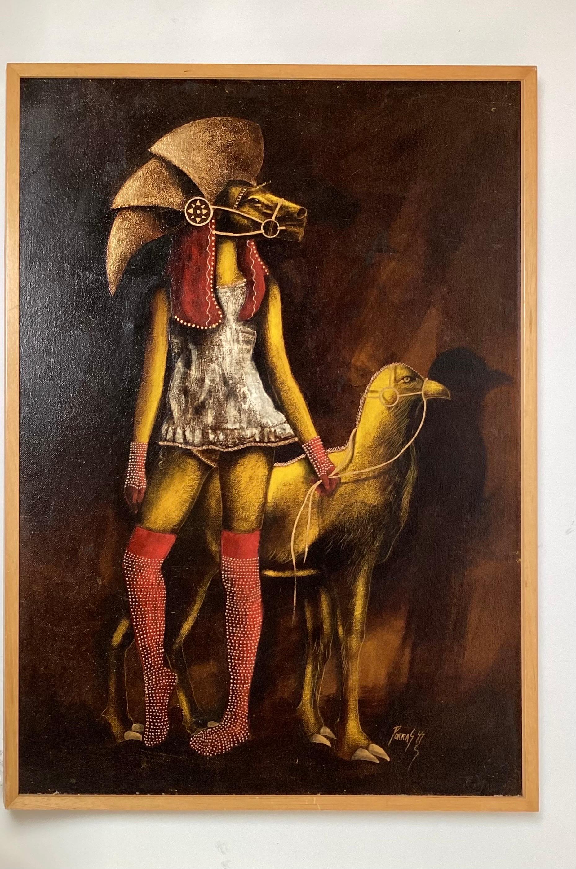 Surrealist Oil Painting of a Woman with Horsehead Helmet For Sale 1