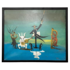 Used Surrealist Oil Painting on Canvas Signed Golo