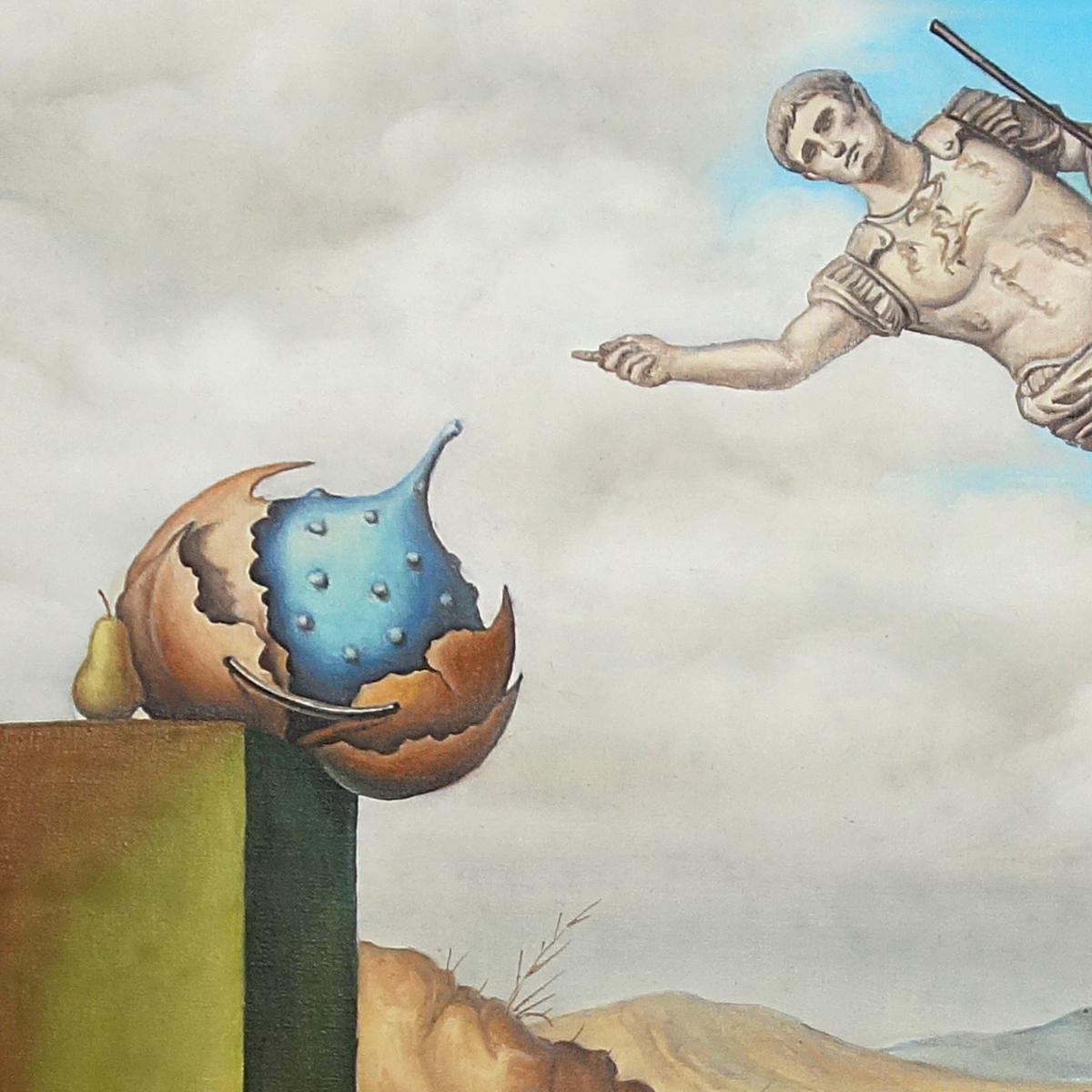 A shaky balance seems to be about to be discarded by gravity on this intriguing work made in 1993.
A modern stylized head, carried by two beautifully edited sticks, is leaning so much that the Roman warrior who is pointing at a blue fantasy fruit,